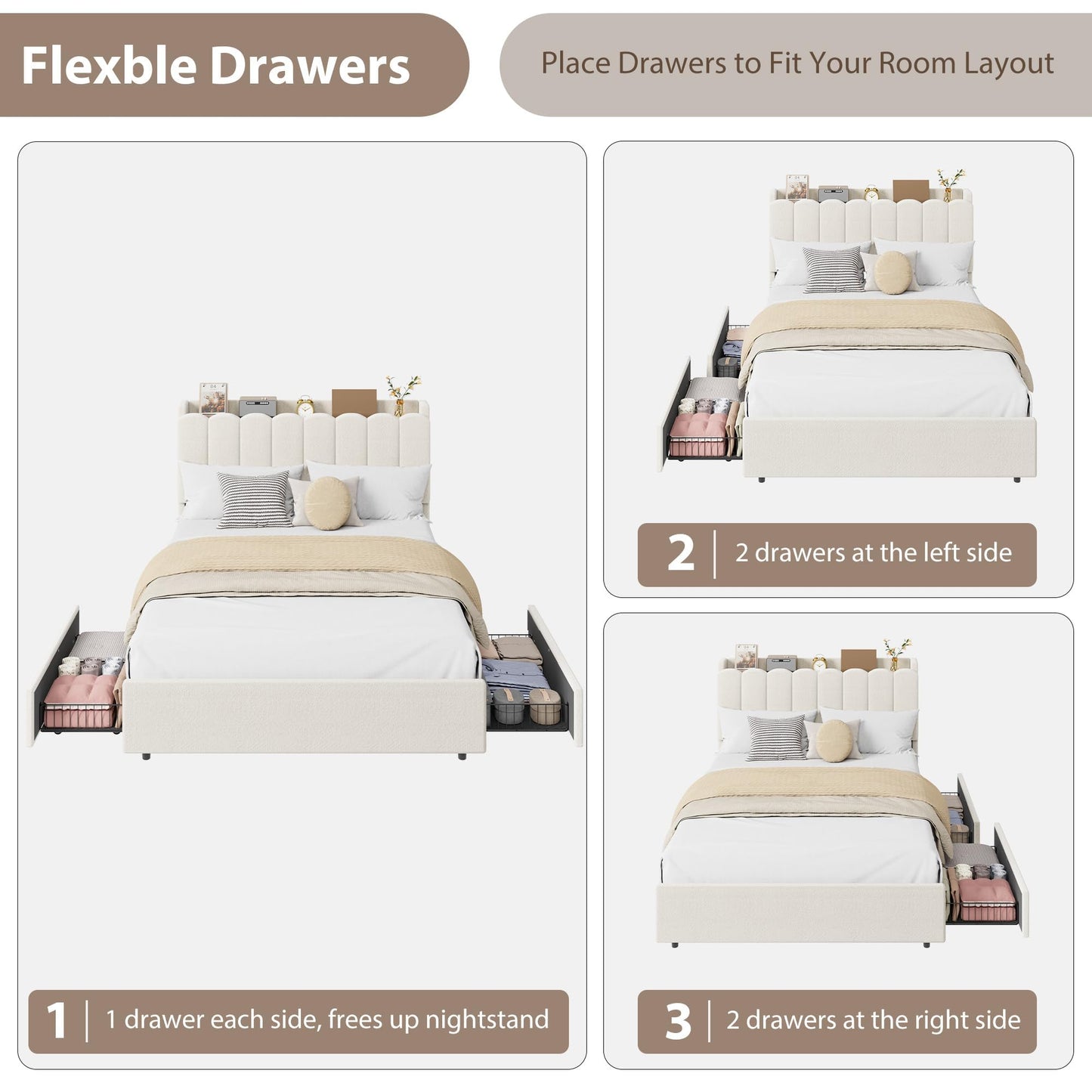 Garvee LED Full Size Bed Frame with Storage Headboard, Kids Bed Frame with 2 Drawers, Boucle Upholstered Platform Bed for Girls, Chic Wavy Headboard with Bookcase, No Box Spring Needed, White