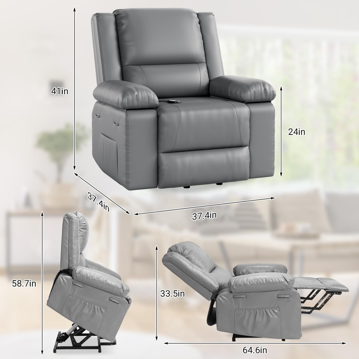 Electric Power Lift Recliner for Elderly, PU Leather Massage & Heat Recliner Chair with Remote Control, Side Pocket, Comfort for Seniors & Limited Mobility – MS Grey
