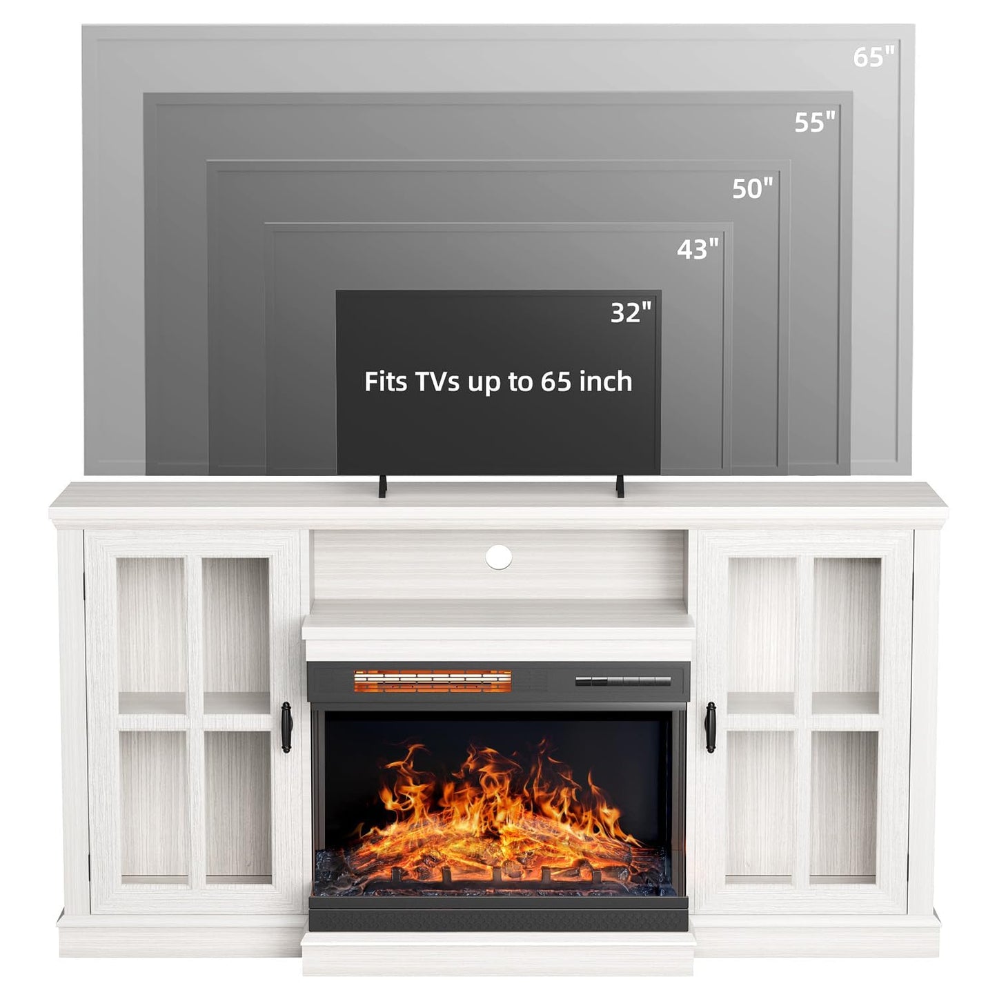 YESHOMY Glass Fireplace TV Stand for TVs up to 65 Inch, Media Entertainment Center with Storage, White Wash