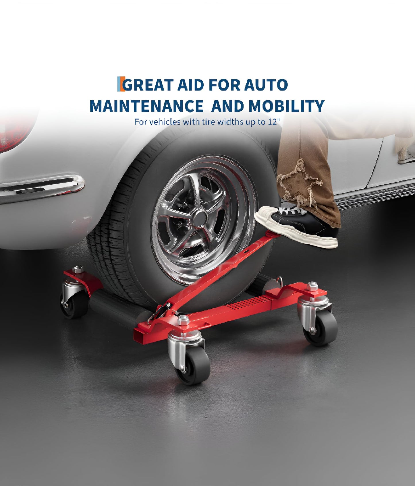 2 Pack 6000 LBS Heavy Duty Car Wheel Dolly Jack Set, Mechanical Vehicle Tire Positioning Mover with Ratcheting Foot Pedal, Auto Repair Moving Kit for Garage Workshop, Red