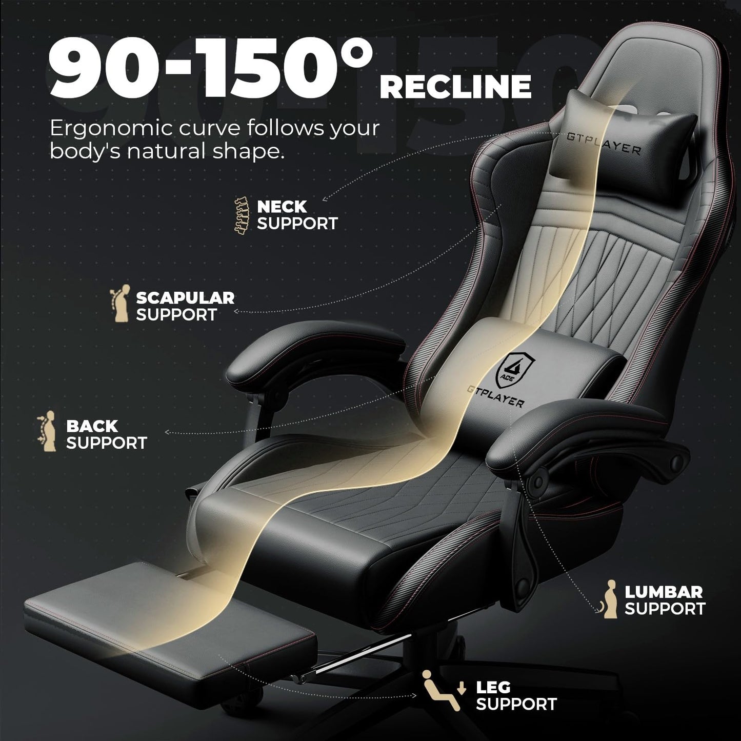 GTPLAYER ACE-PRO Music Gaming Chairs – Built-in Speakers, App Support & Bluetooth Control, Computer Game Chairs with Footrest for Adults, Ergonomic, Reclining, Linkage Armrest, Black & Red Stitch