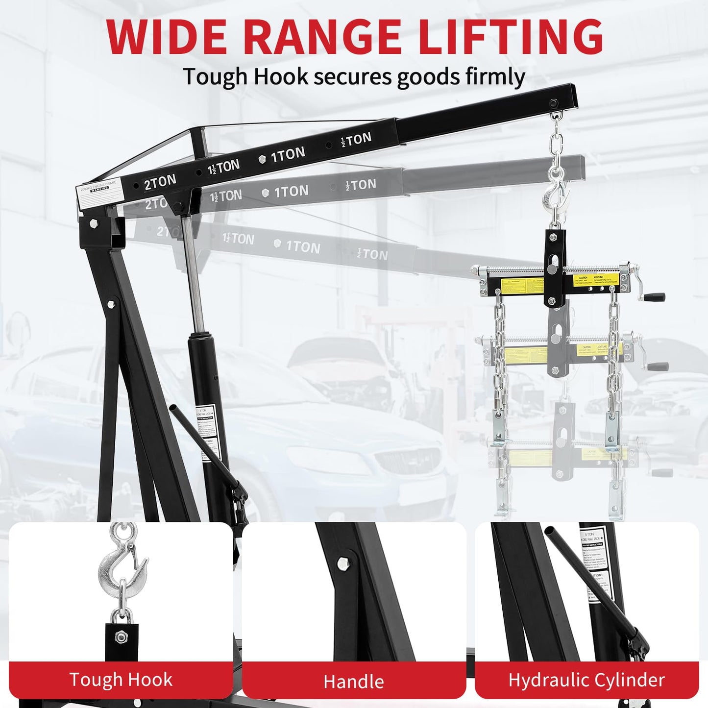 2 Ton Folding Hydraulic Engine Hoist with Load Leveler 4400 LBS Capacity Heavy Duty Cherry Picker 6 Swivel Wheels&Hydraulic Pump Adjustable Boom (0.5T-2T) for Garage Workshop Warehouse