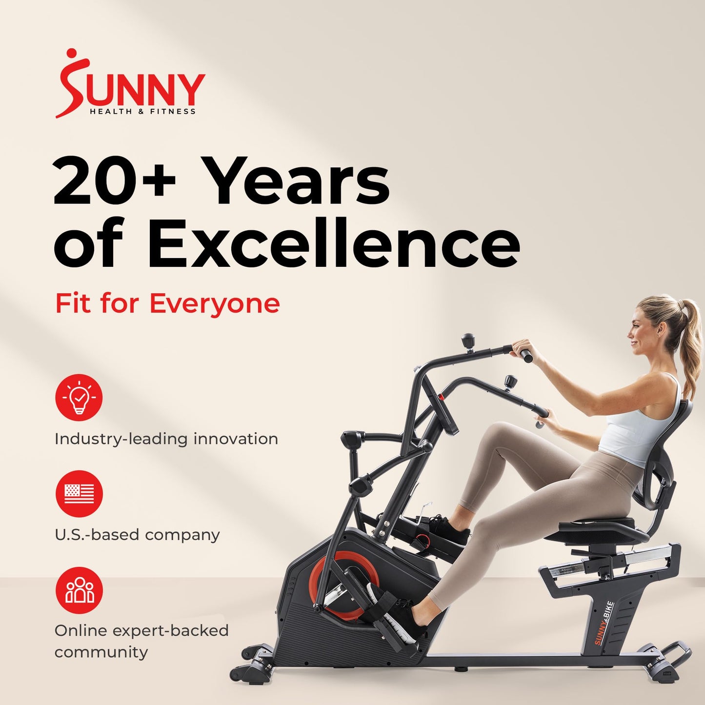 Sunny Health & Fitness Electromagnetic Recumbent Cross Trainer Exercise Elliptical Bike w/Arm Exercisers, Easy Access Seat & Exclusive SunnyFit® App Enhanced Bluetooth Connectivity - SF-RBE4886SMART