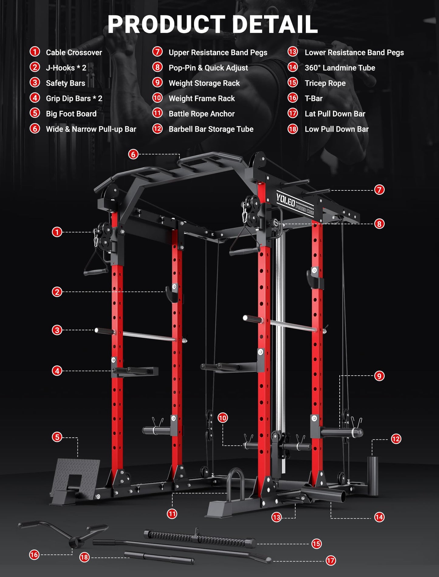 YOLEO Smooth Pulley System Power Cage, Adjustable Cable Crossover Power Rack, Multi-Functional Cable Machine for Home Gym (Power Cage)
