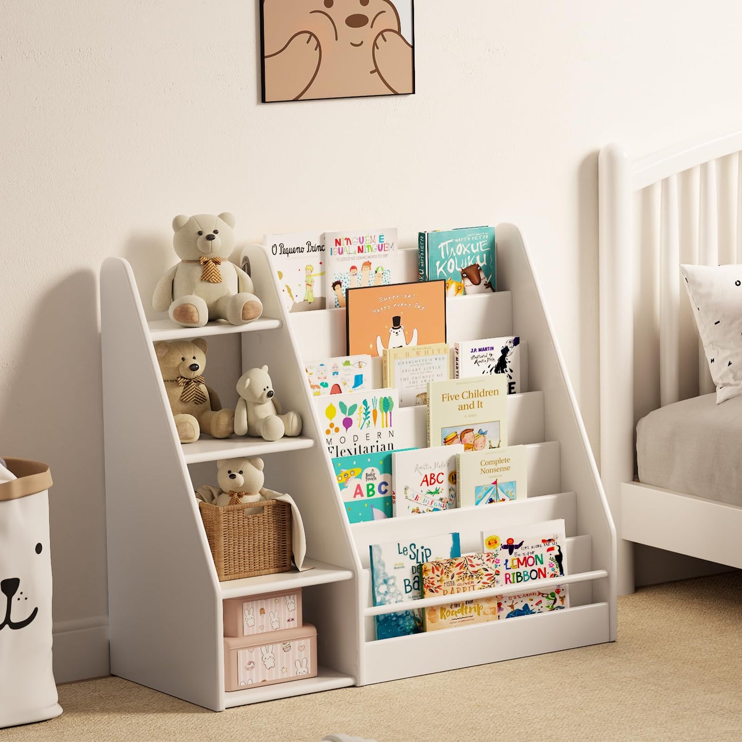 DONGMUWUJEE Solid Wood Kids Bookshelf and Storage Organizer, 7 Layer Children Bookcase, Baby Toddler Wooden Book Shelf, Display Cabinet for Playroom, Bedroom, Classroom, Nursery, School, White