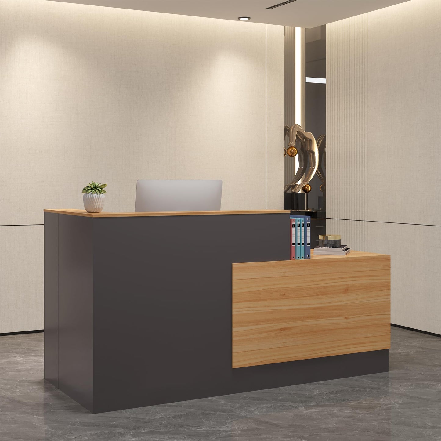 L-Shaped Reception Desk with Lockable Drawers, Adjustable File Cabinet & Keyboard Tray, Modern Front Counter for Office, Salon, or Lobby (Right-L Natural Wood/Slate Gray, 70.9''L x 23.6''W x 41.3''H)