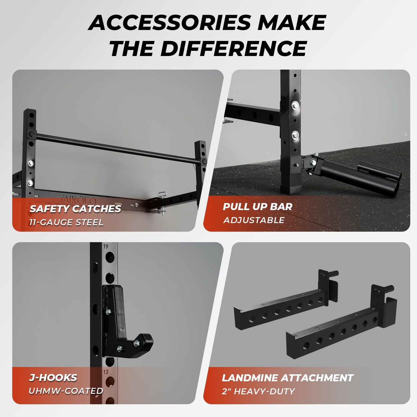 Mikolo 2" x 2" Folding Wall Mounted Squat Rack, 1000 Pounds Capacity Power Rack with Safety Catches, Pull Up Bar, J Hooks and Landmine Attachment, Space-Saving Home Gym(Black