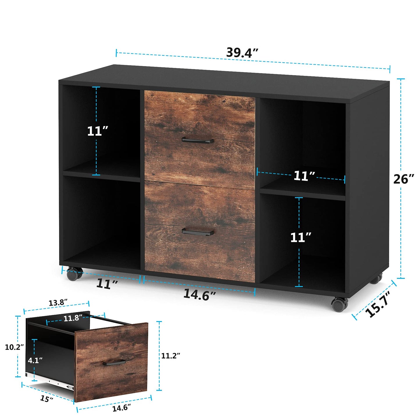 LITTLE TREE 2 Drawer File Cabinet Large Mobile Lateral Filing Cabinet Letter Size for Home Office, Rustic Brown