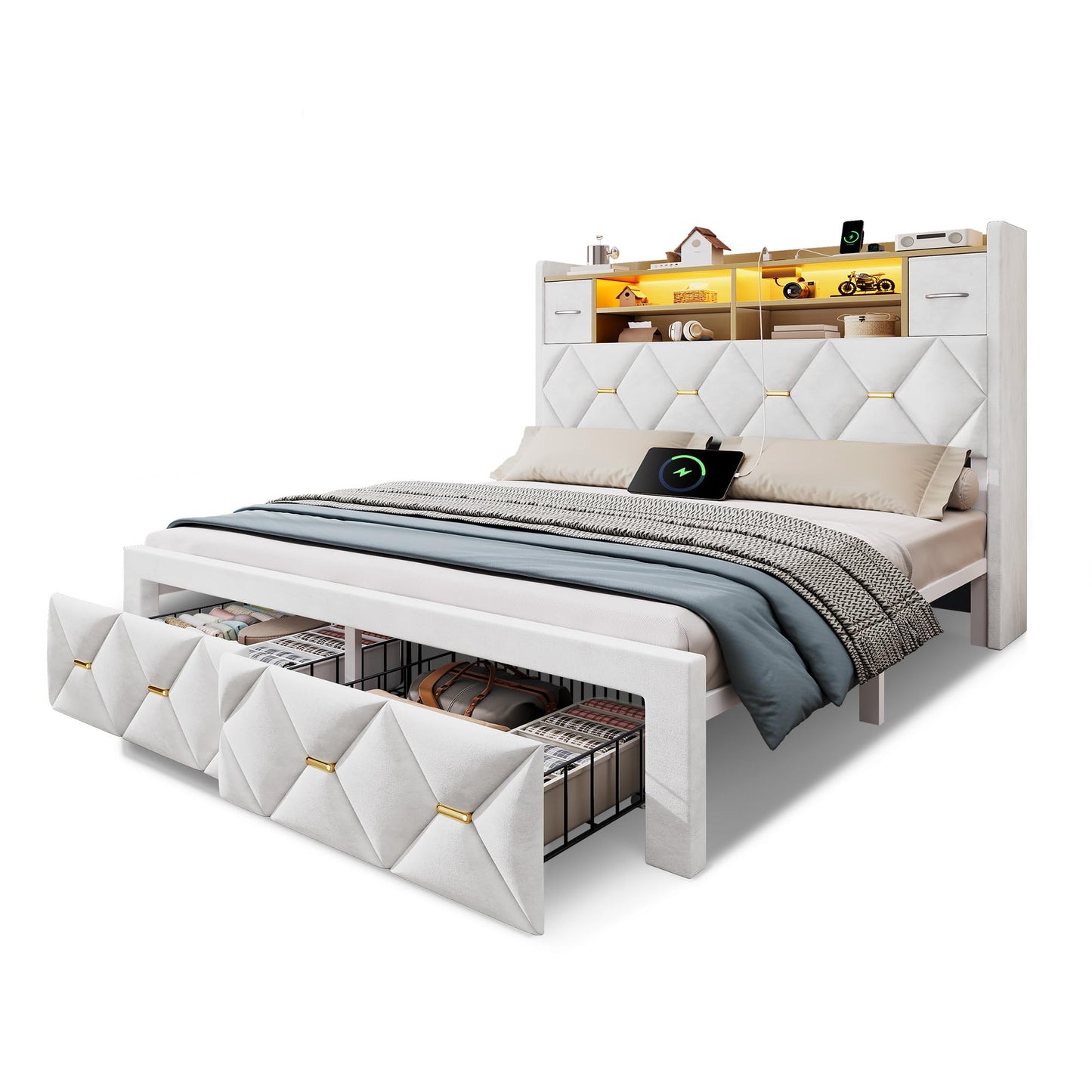 DWVO Full Size Bed Frame with 2 Storage Drawers and Storage Headboard, Upholstered Platform with Charging Station and LED Light, No Box Spring Needed, Noise Free, Easy Assembly, Velvet White