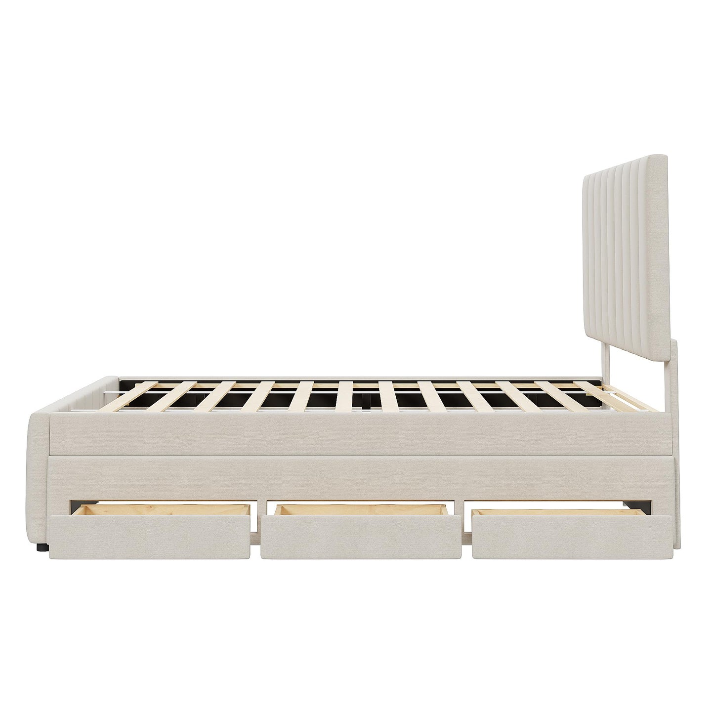 Merax Full Size Bed Frame with Trundle and 3 Storage Drawers, Elegant Linen Upholstered Platform Bed with Stripe Headboard for Bedroom, Small Spaces, No Box Spring Needed, Easy Assembly, Beige