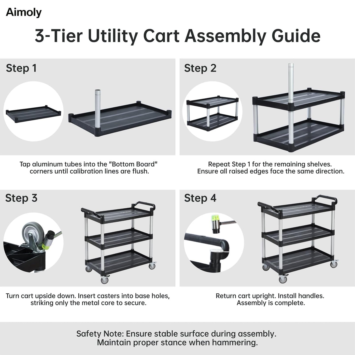 Aimoly 3-Tier Rolling Utility Cart with Wheels, 540 lbs Capacity Service Cart, Commercial Kitchen Cart with 4 Lockable Swivel Casters for Restaurant/Home/Warehouse/Office (40 x 20 x 38 in)