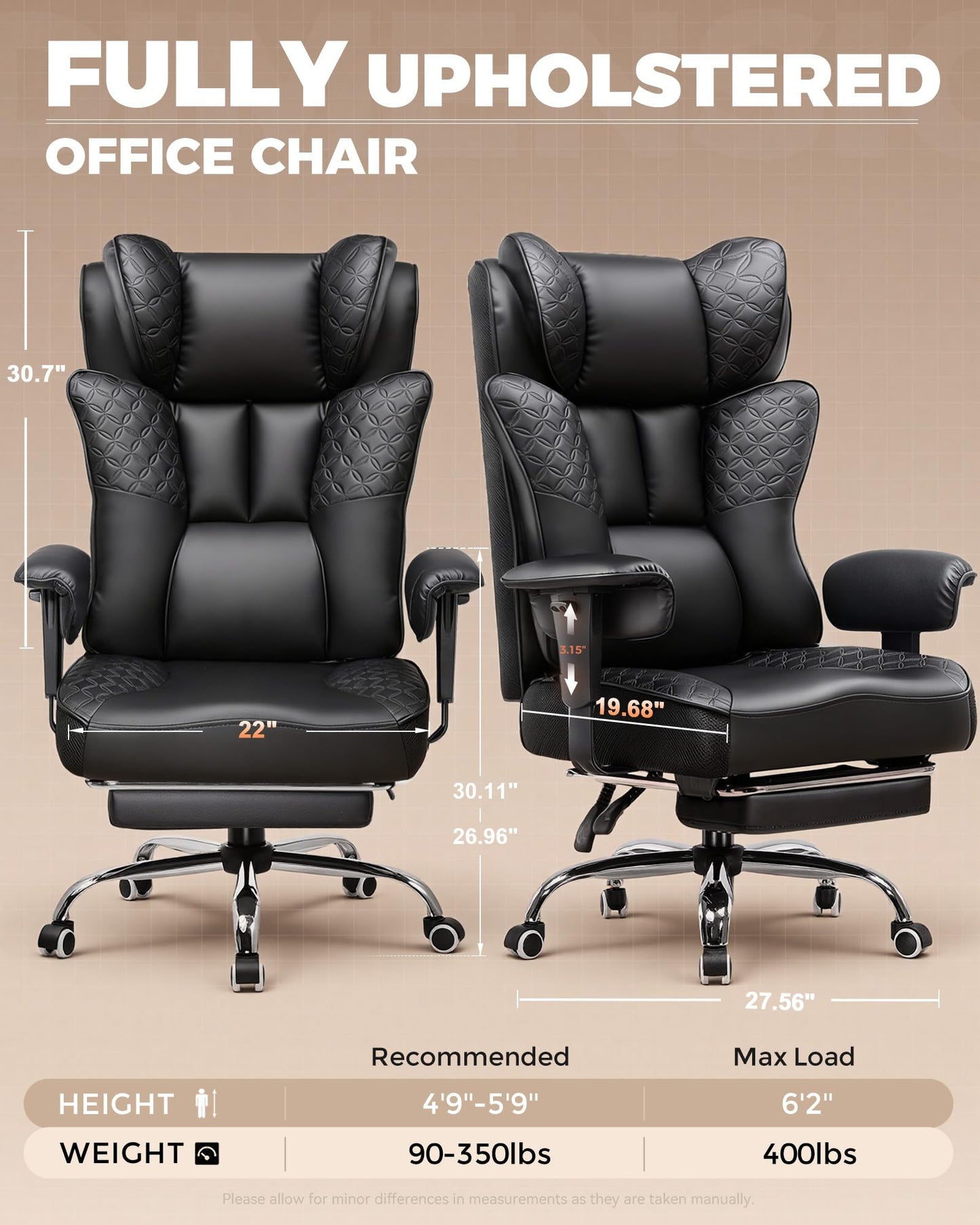 GTPLAYER Big and Tall Office Chair Wide Ergonomic Gaming Chair with Deluxe Embossing Designed Leather with Foot Rest,150°Reclining Adjustable Soft Armrests Pocket Spring Back Support and Pillow