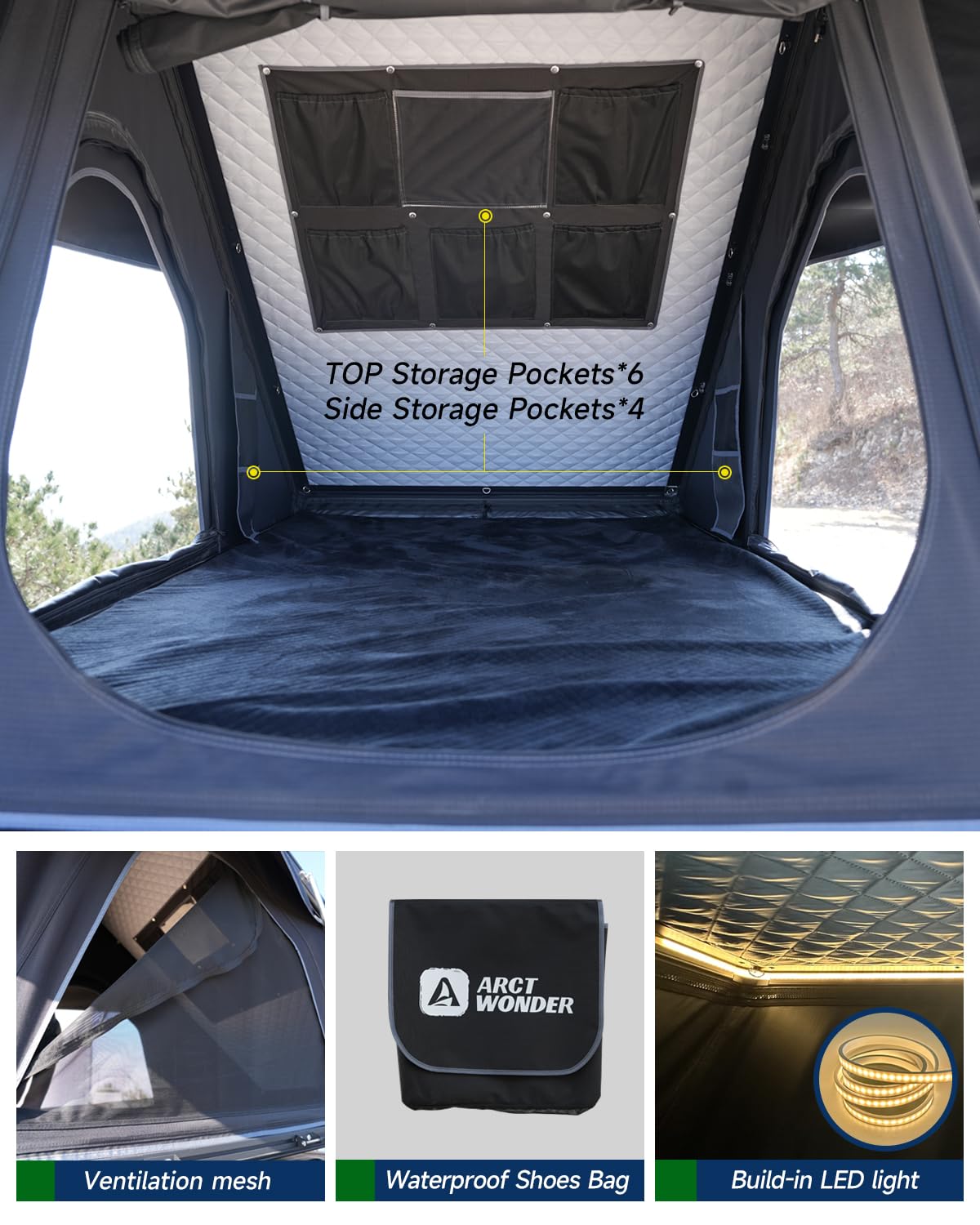 Rooftop Tent Hard Shell,Solar Panel Roof top Tent Hardshell, pop up Rooftop Camping for Jeep Truck Car SUV Van Wrangler.