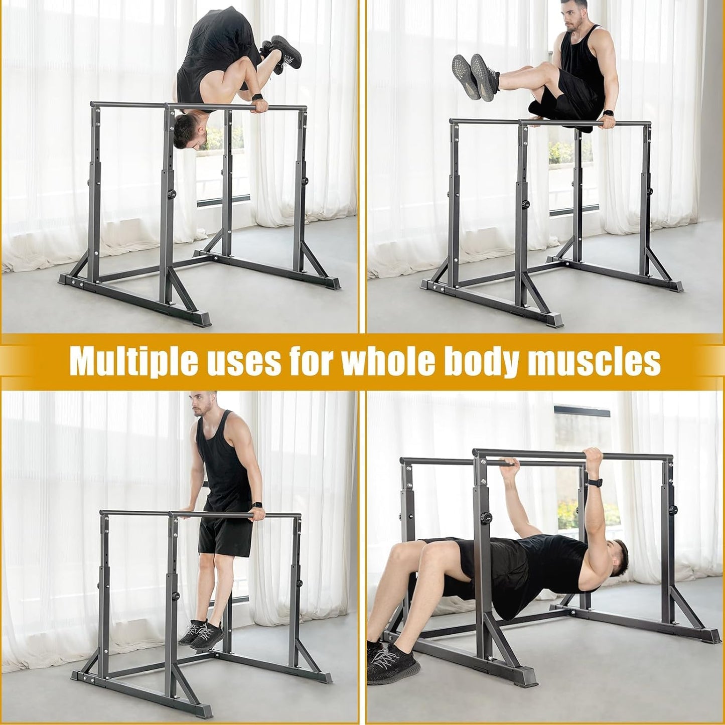 Bongkim Dip Bar, Heavy Duty Dip Station with 7 Height Levels, 800lbs Adjustable Parallel Bars for Tricep Dips Pull-Ups L-Sits Calisthenics Exercises Strength Training for Home Gym Outdoor (Matte black)