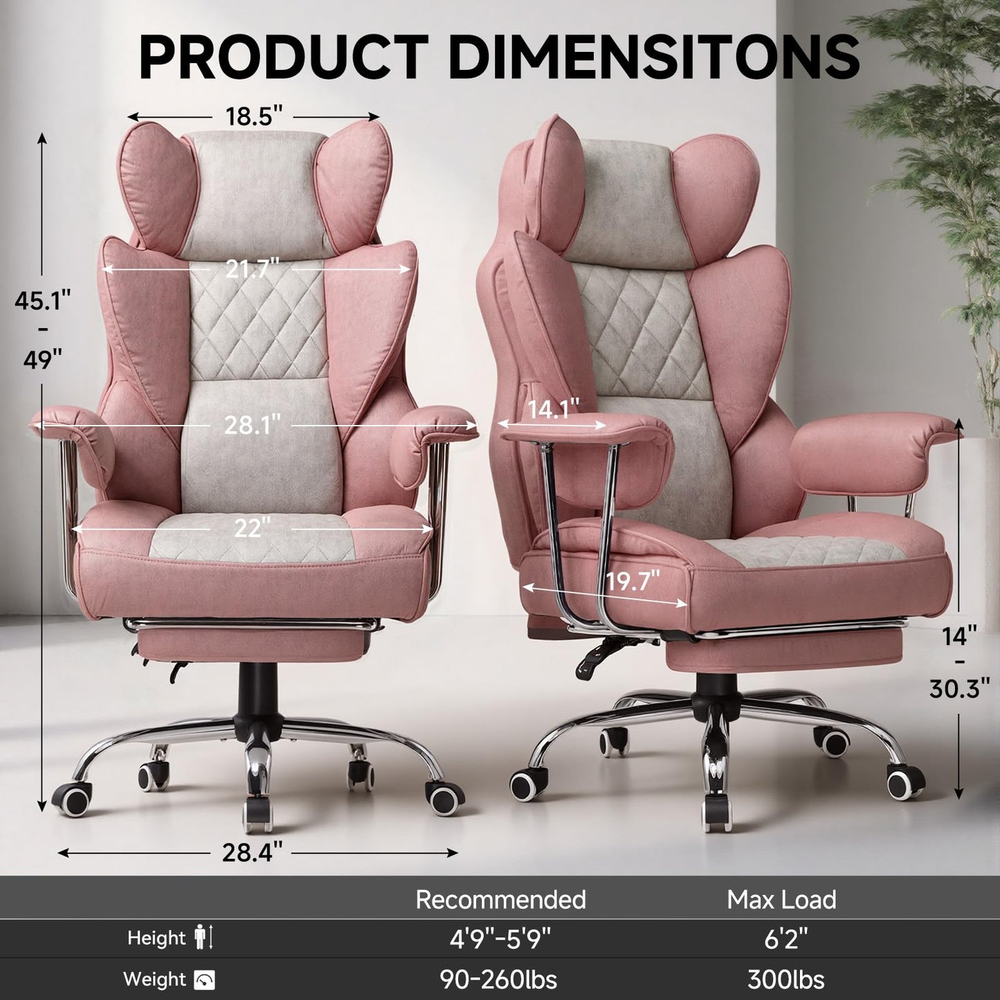 GTPLAYER Gaming Chair,Office Chair with Pocket Spring Lumbar Support, Ergonomic Comfortable Wide Office Desk Computer Chair with Outward Fixed Soft Armrests and Footrest (Fabric, Pink)