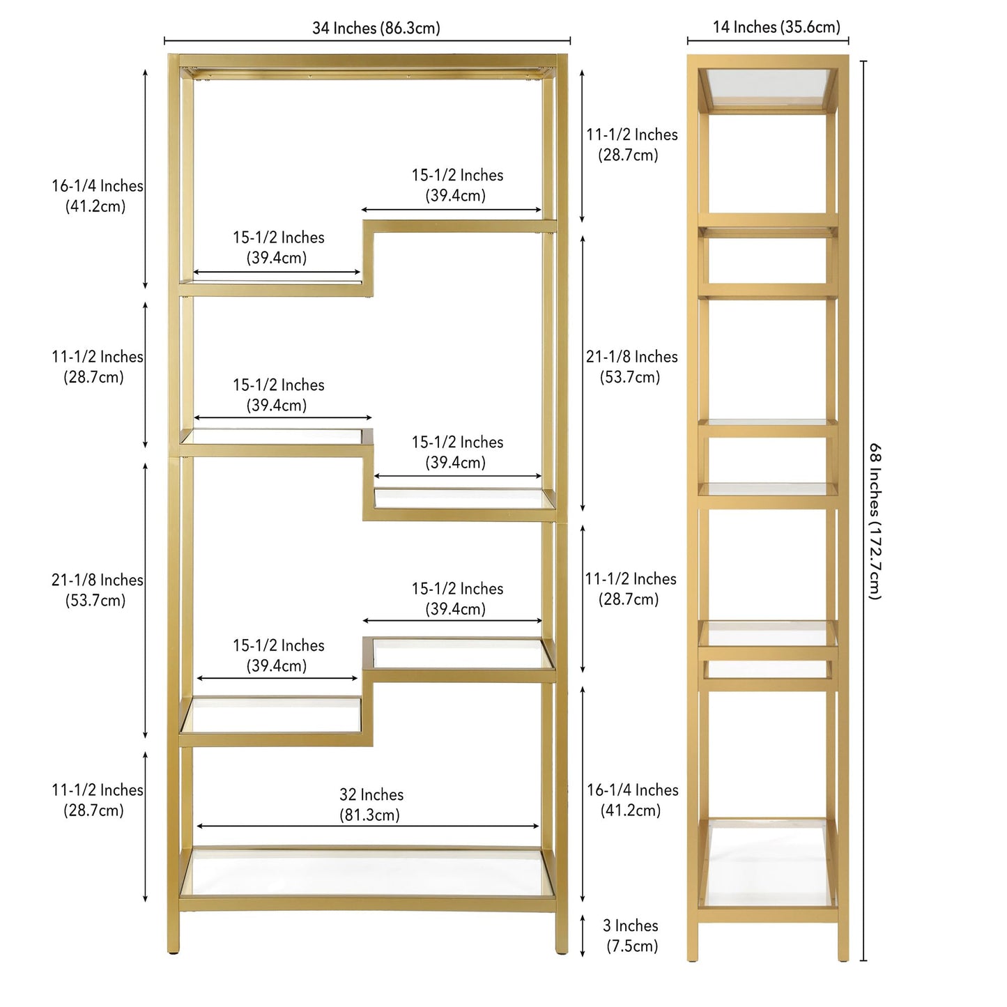 Henn&Hart 68" Tall Rectangular Bookcase in Brass, for Home Office, Living Room