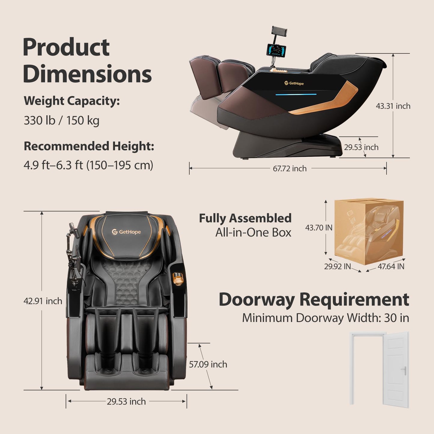 Gethope Massage Chair Full Body 4D Zero Gravity Massage Chair Recliner with 57.1" SL-Track Shiatsu Massage Lumbar Heat 40 Airbags Foot Rollers AI Voice 7" Touchscreen Bluetooth