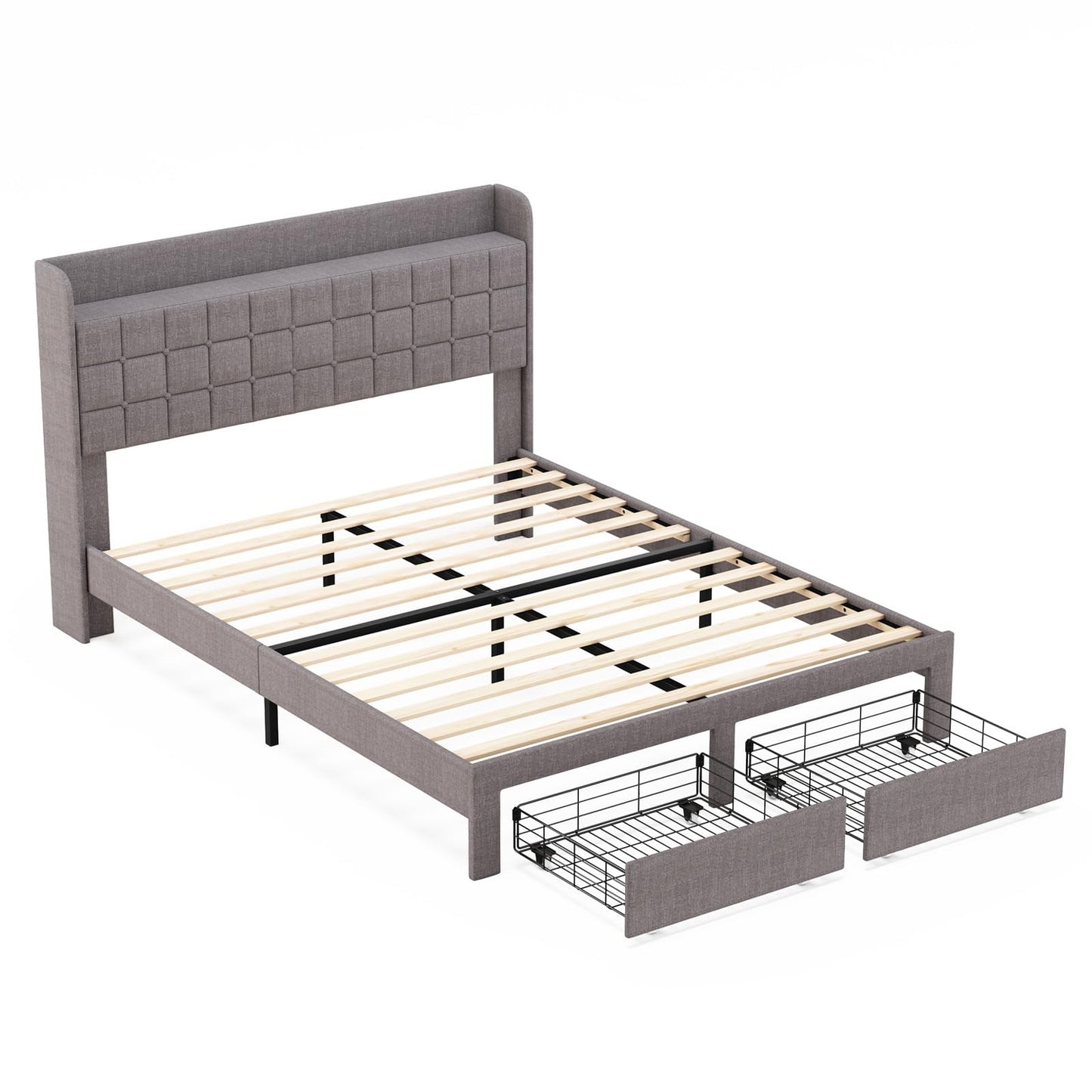 OLIXIS Queen Size Bed Frame with Headboard, Upholstere Platform Bedframe with 2 Fabric Underbed Storage Drawers, Mattress Foundation with Wooden Slats Support, Easy Assembly, Gray