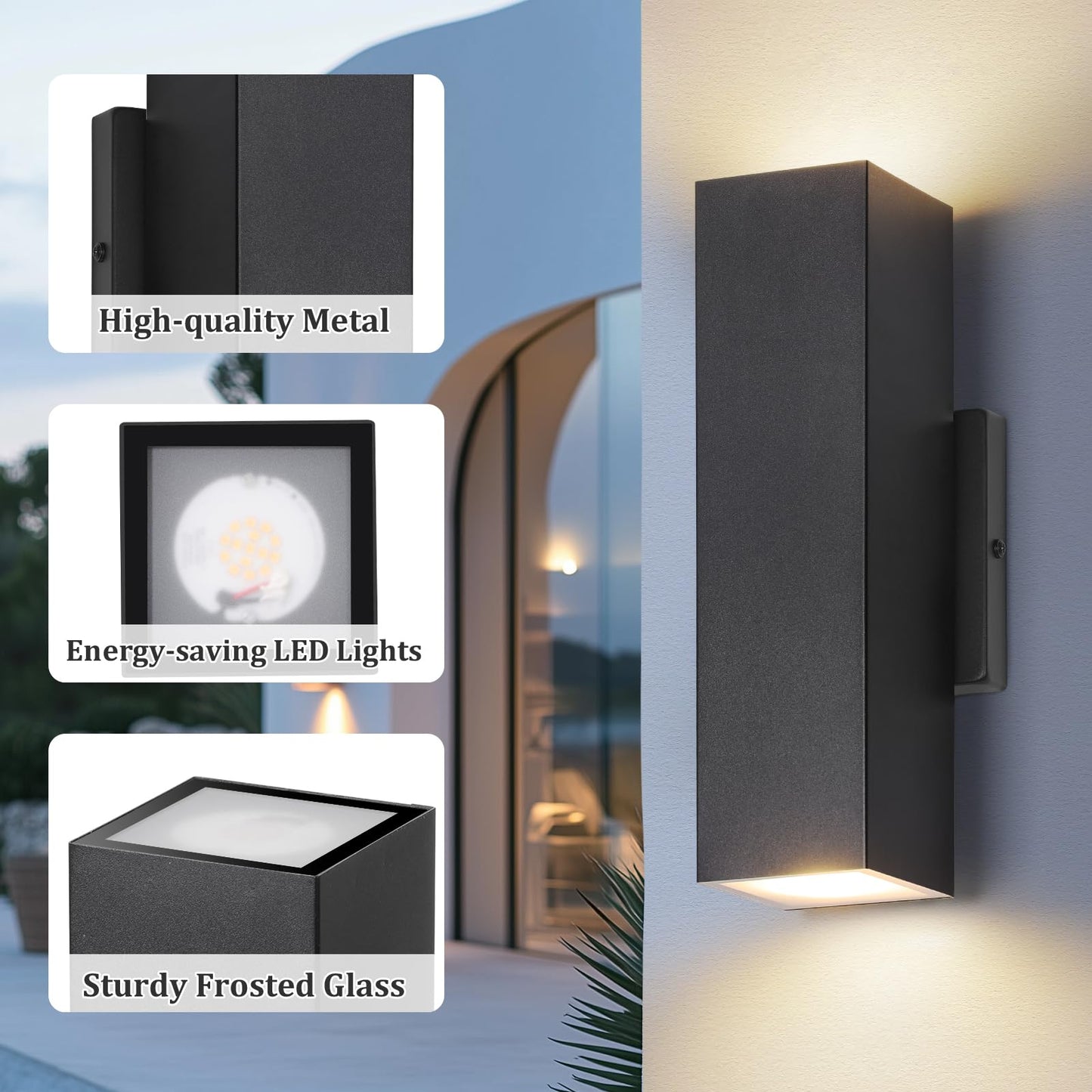 BesLowe 2-Pack Outdoor Wall Lights, LED Up and Down Sconces, Black, Metal, 11.75in Model B04048L
