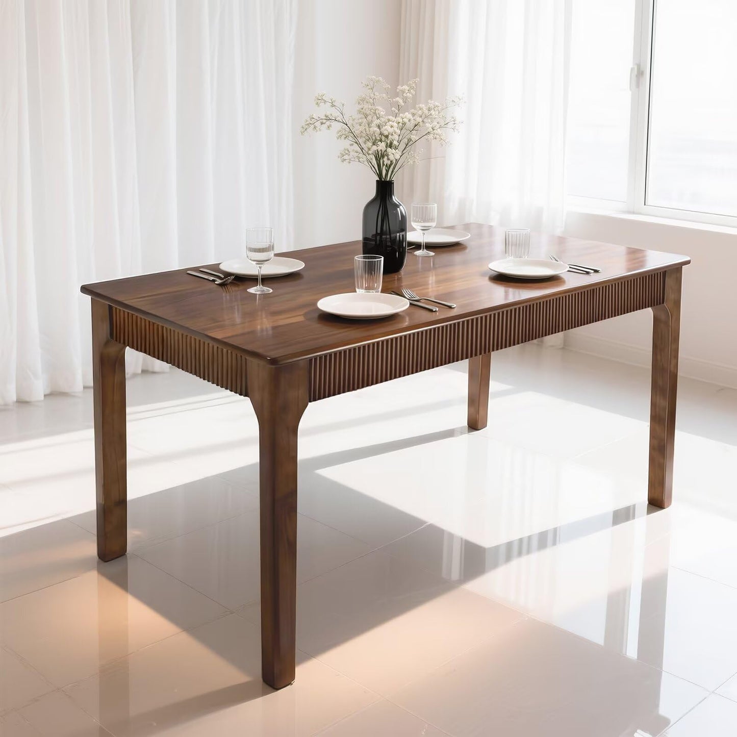 55" Solid Wood Dining Room Table for 4-6,Modern Farmhouse Rectangular Kitchen Real Wooden Table,Mid Century Fluted Design Large Furniture Desk for Home,Apartment,Living Room Walnut