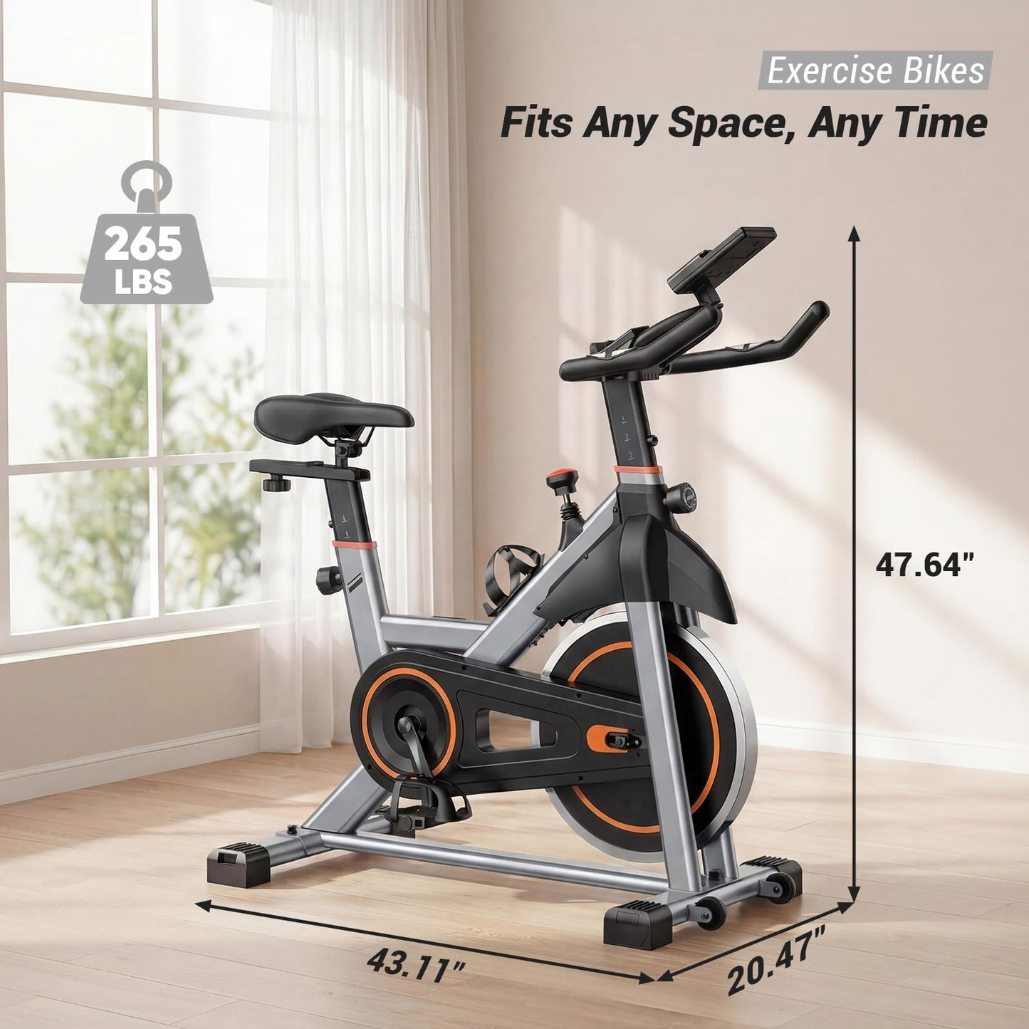 DUMOS Exercise Bike with APP, Stationary Bikes for Home, Workout Bike for Adults & Seniors, Adjustable Height and Resistance, Low Noise, 265lbs Weight Capacity, Easy Setup, Silver&Orange