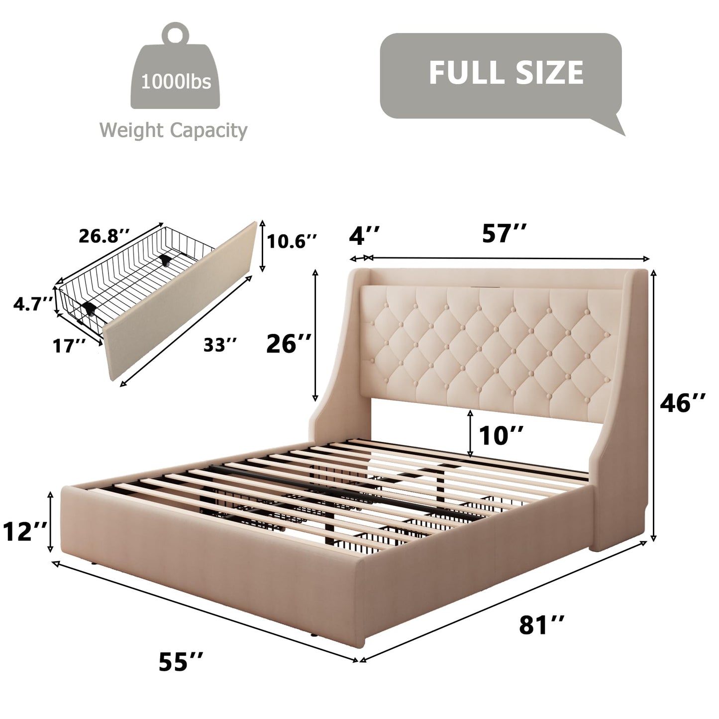 Feonase Upholstered Full Size Bed Frame with 4 Storage Drawers, Charging Station and Tufted Wingback Storage Headboard, No Box Spring Needed, Easy Assembly, Beige