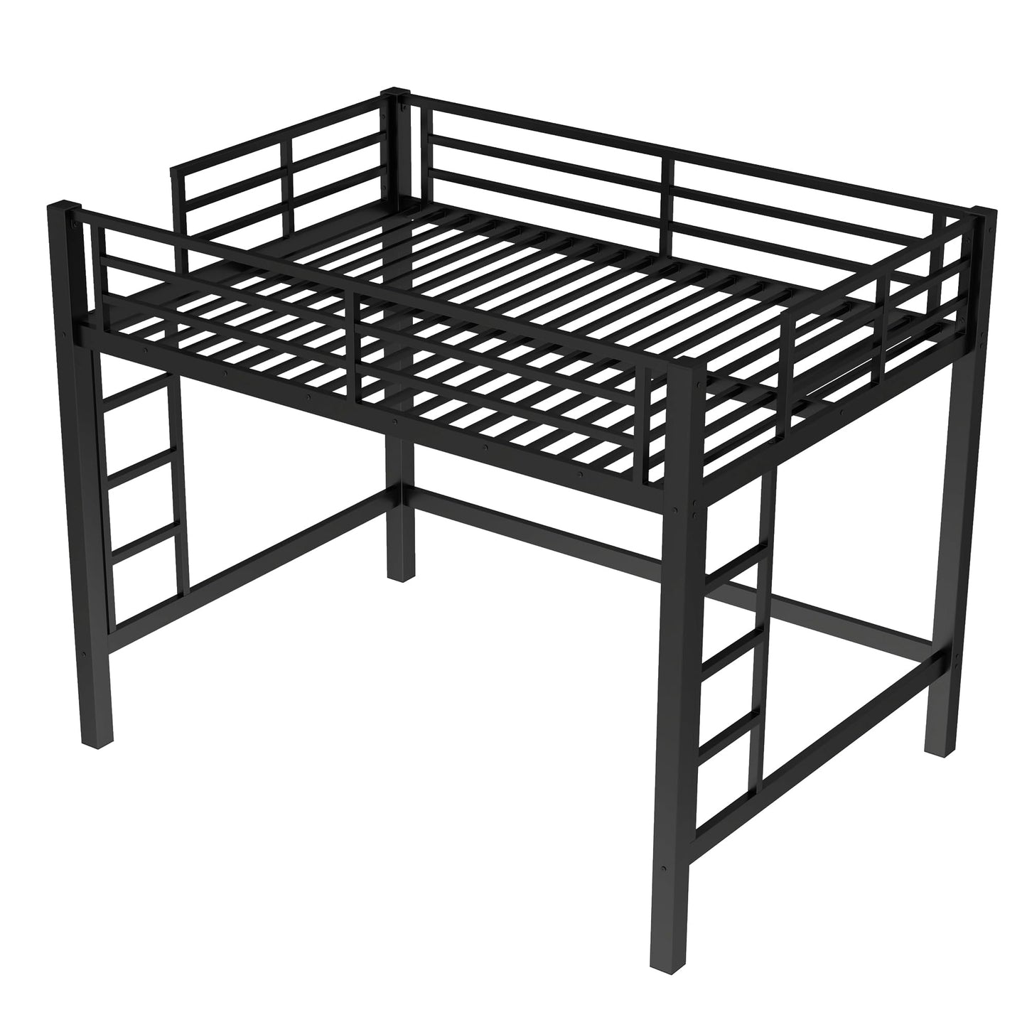 Bellemave Full Loft Bed with 2 Ladders and Guardrails, Metal Loft BedFrame for Adults, Kids, Teens, Black