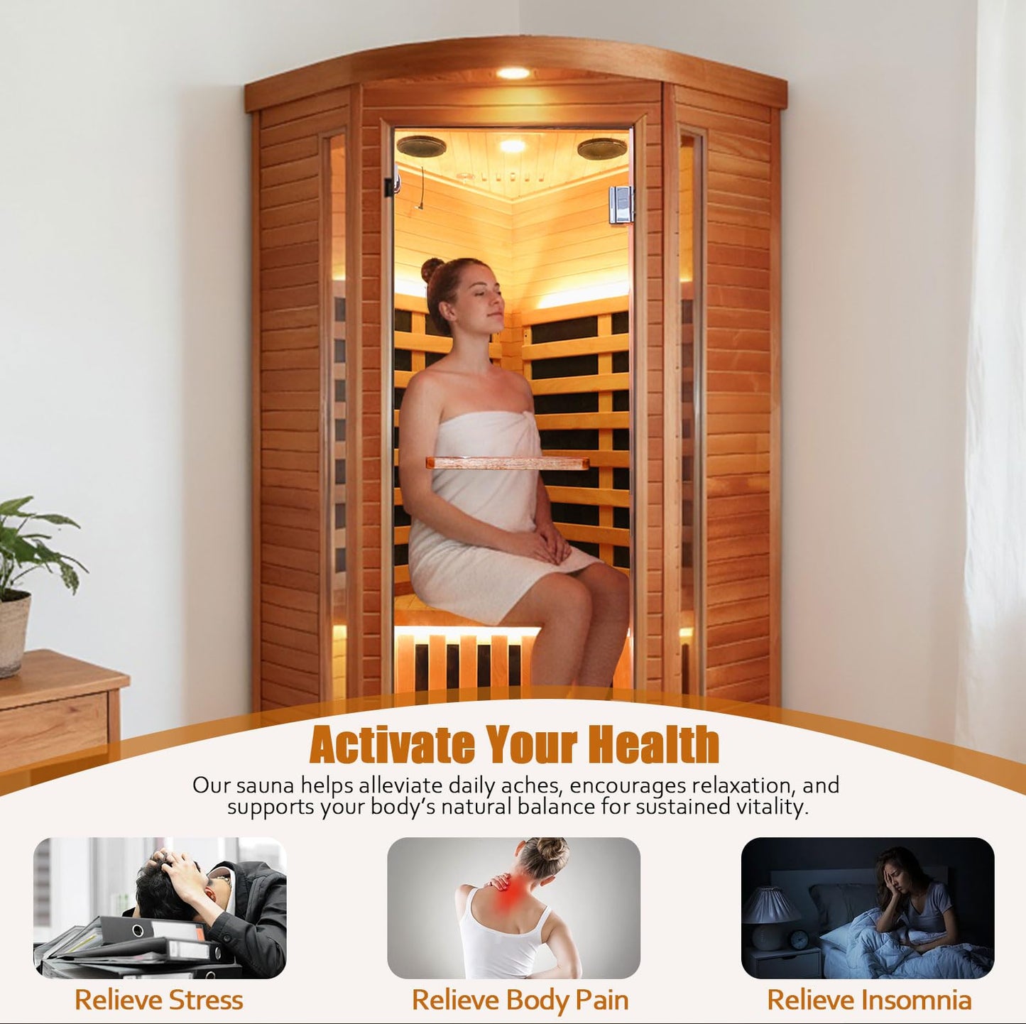 ToTibuy Corner Sauna Far Infrared Sauna 1 Person Home Saunas Indoor Wood Spa Room 1300W 120V with Red Light Bluetooth Speakers 37.4" x 37.4" x 70.9"