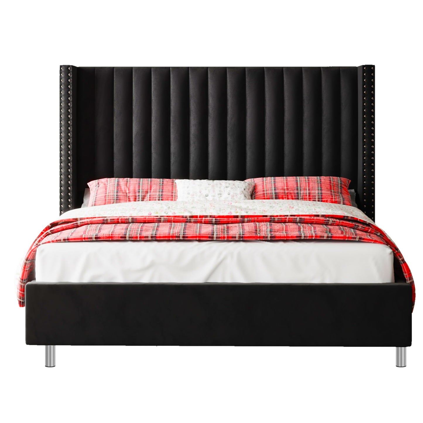Jocisland Queen Bed Frame with Tall Wingback Headboard, Velvet Upholstered Platform Bed, No Box Spring Needed, Noise-Free, for Couples, Guest Room & Apartment, Black
