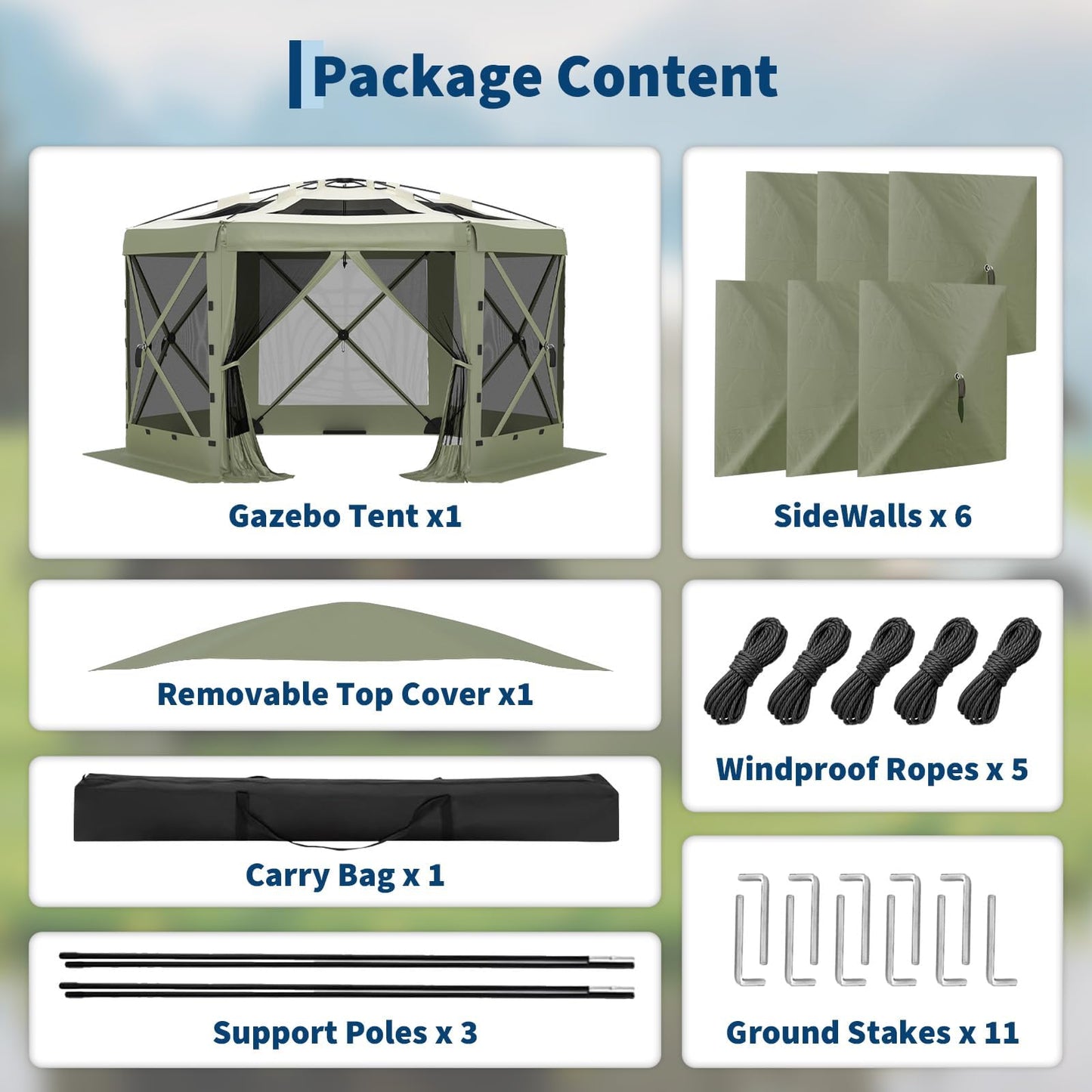 GarveeLife 11.5x11.5FT 6-Sided Pop Up Gazebo Tent,One-Push Setup Canopy Tent with Mesh Panels & Removable Wind Cloths, Outdoor shelter for Camping, Backyard Parties, Outdoor Events - Army Green
