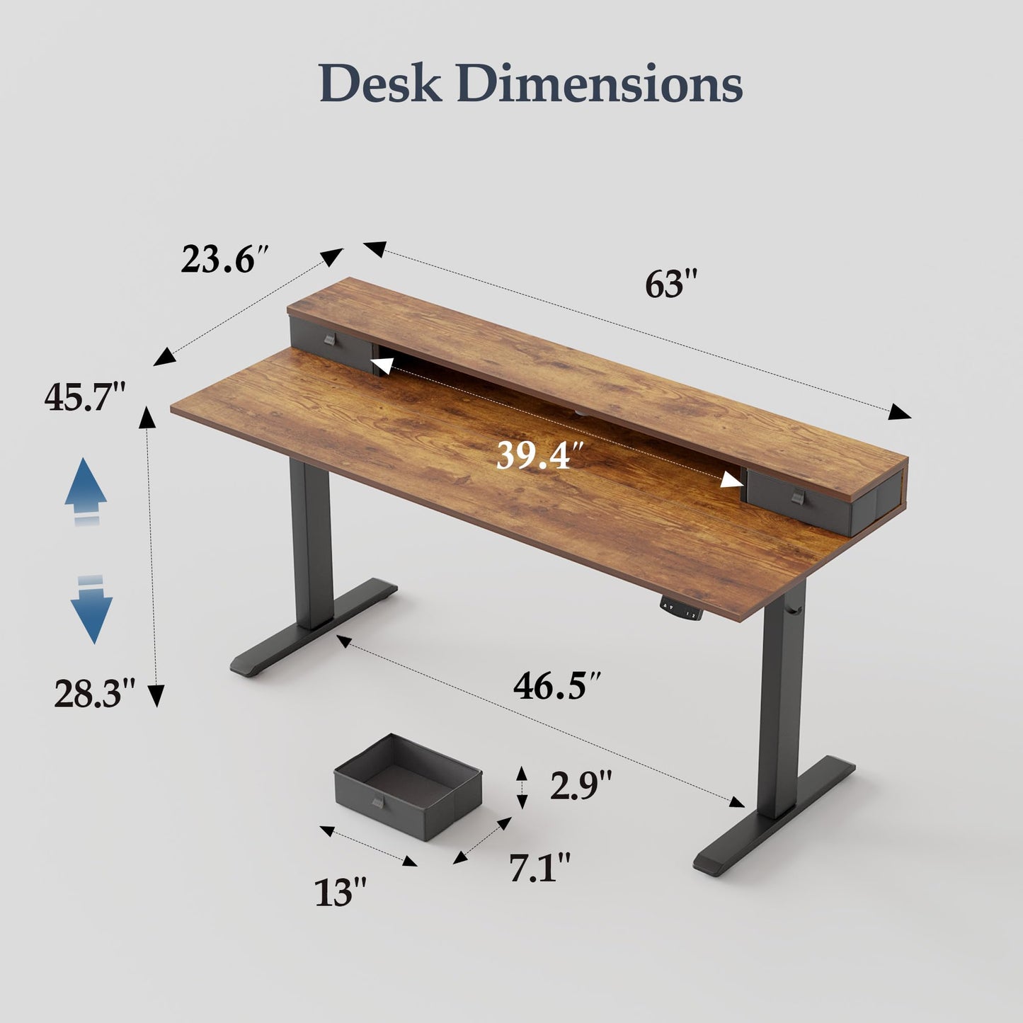 Klicelor 63 x24 Inch Electric Standing Desk with Drawers, Adjustable Height Small Sit Stand Desk for Home Office, Compact Computer Workstation with Storage– Rustic Brown