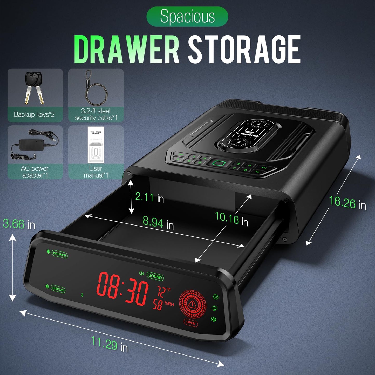 TRRKO Biometric Gun Safe with Built-in Speaker, High-Accuracy & Fast-Response Fingerprint, Wireless Charging Station, Fully Auto-Open Drawer, Fits 2 Pistols, Bedside Handgun Safe for Nightstand