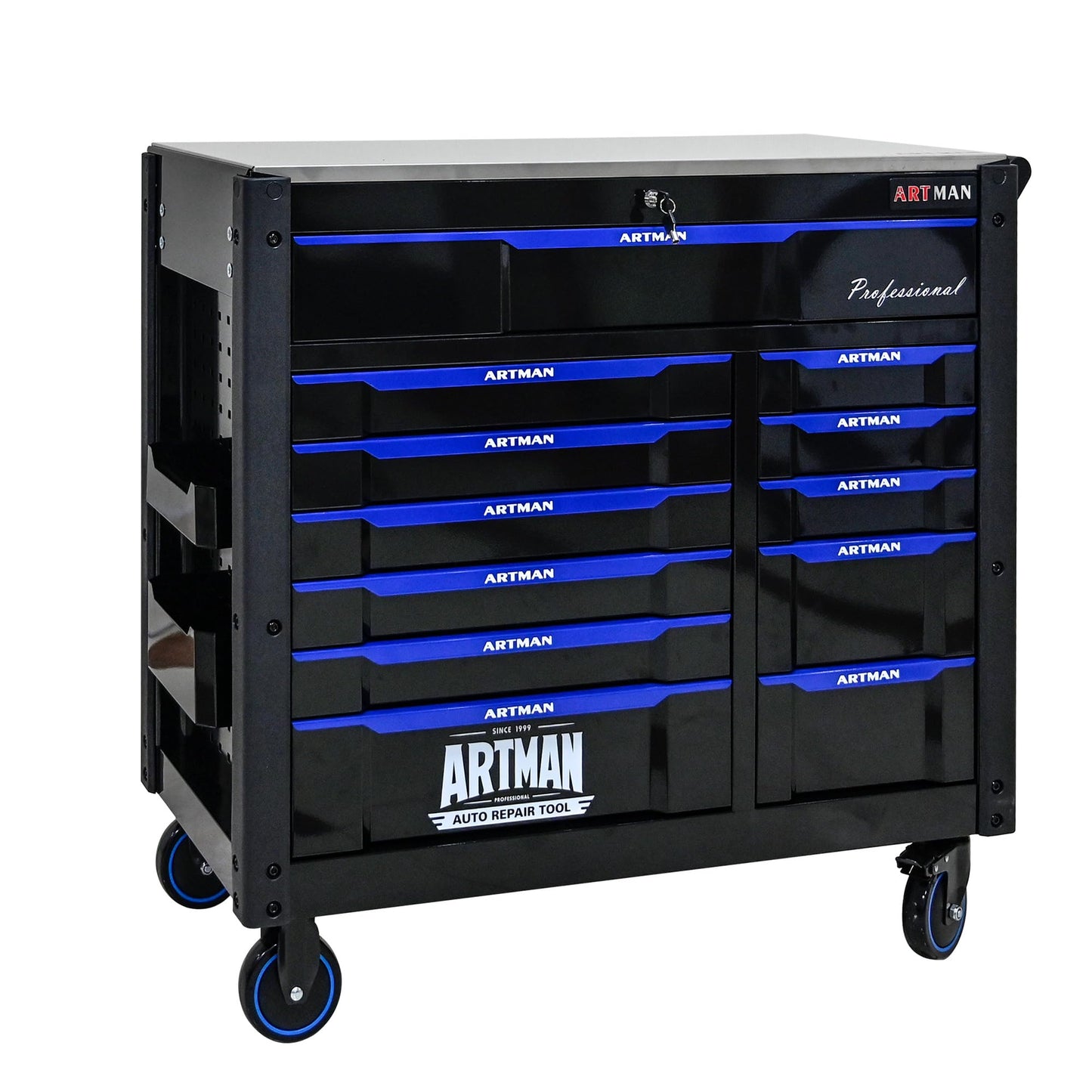 KEIKI 12 Drawer Rolling Tool Cart with Wooden Top, Metal Tool Cabinet with Wheels and Handle, Heavy Duty Storage Organizer for Garage Workshop (Black&Blue)