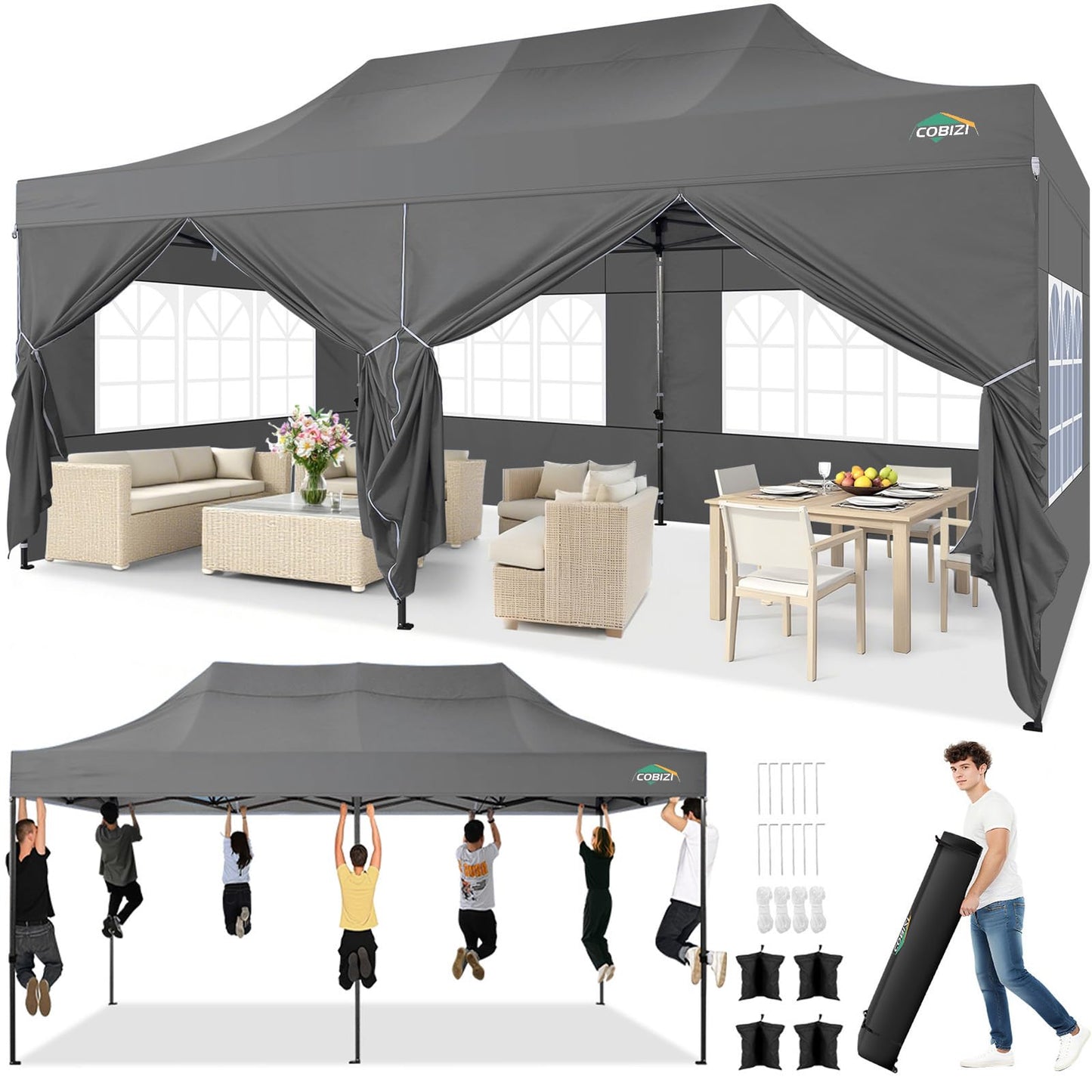 COBIZI 10x20 Pop up Canopy Tent Heavy Duty with 6 Sidewalls, Easy Set-up Commercial Outdoor Party Tents, 100% Waterproof Wedding Gazebo, 3 Height Adjustable with Wheeled Bag,Gray