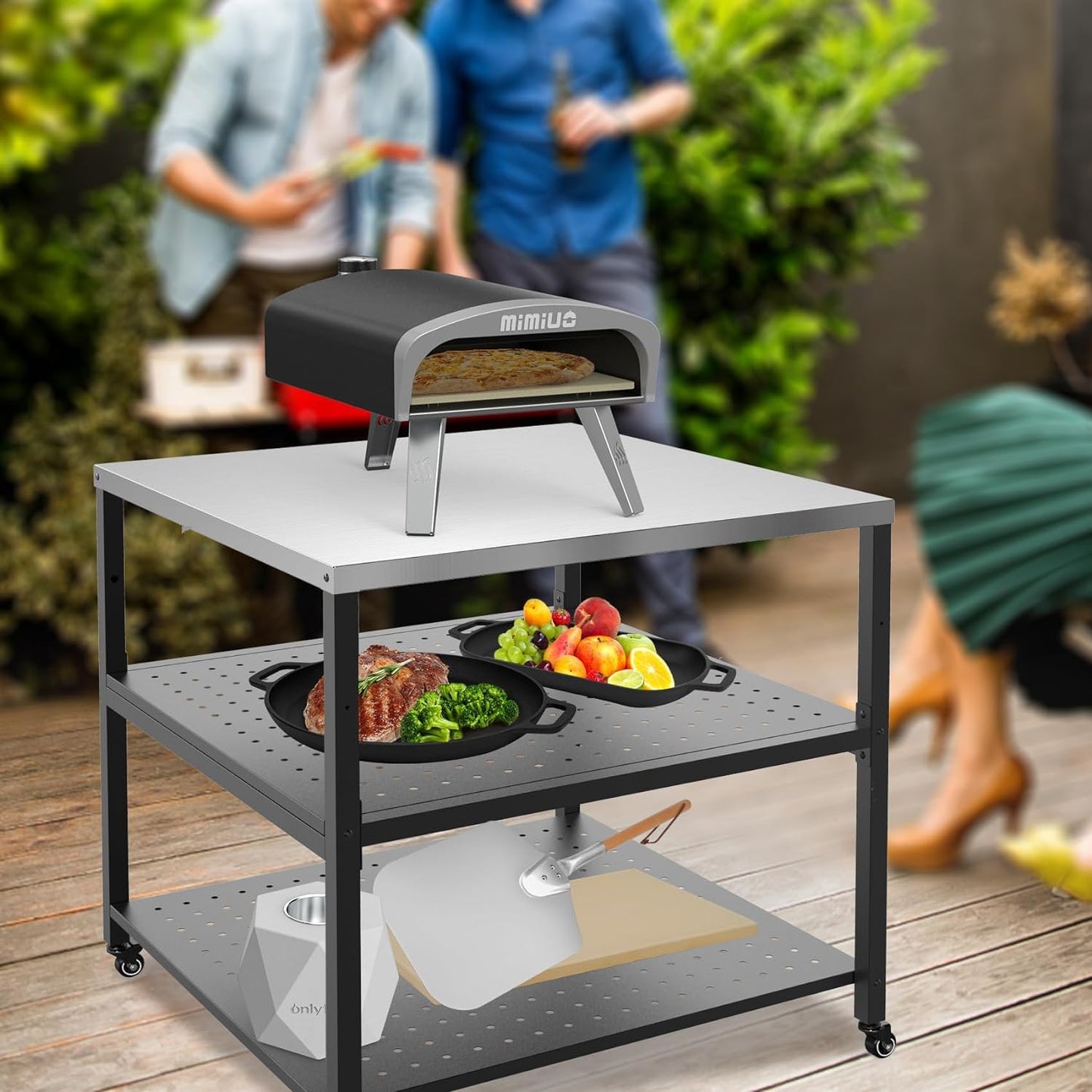 Mimiuo 31.5" Square Pizza Oven Stand – Heavy Duty Stainless Steel Table for Ooni, Blackstone, Ninja, Outdoor BBQ Cart with 3 Adjustable Shelves, Locking Wheels, Propane Tank Compatible 31.5x31.5x33 in