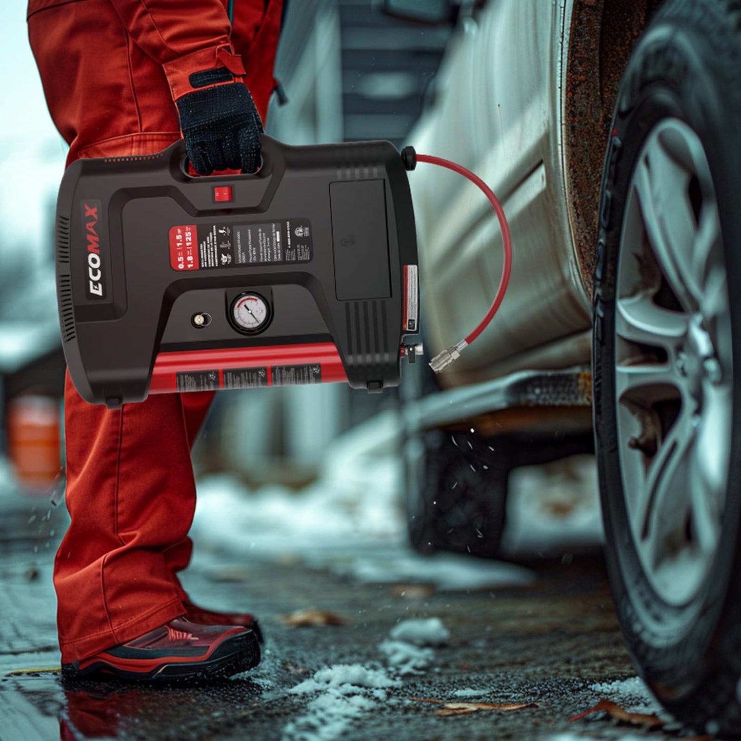 ECOMAX Wall Mount Air Compressor, Tire Inflator Portable Air Compressor, Oil-Free with Retractable 30ft Air Hose, Mini Tank 125 PSI MAX Pressure & 1.5 HP for Garage and Home