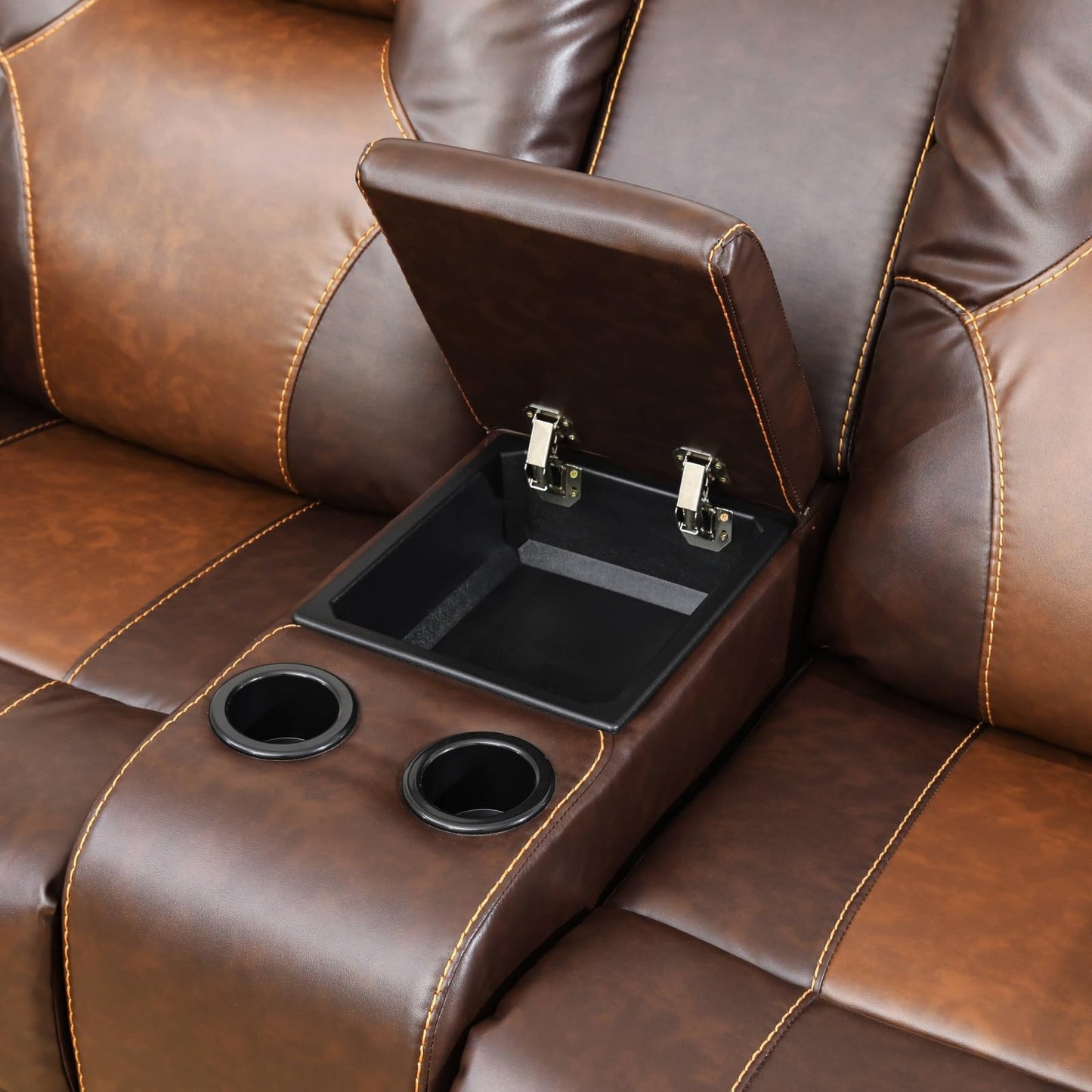 Trygoal Leather Recliner Sofa Set, Living Room Furniture Set, Adjustable Backrest Reclining Loveseat Sofa with Storage Console & Cup Holders, Manual Recliner Chair for House, Home Theater, Brown
