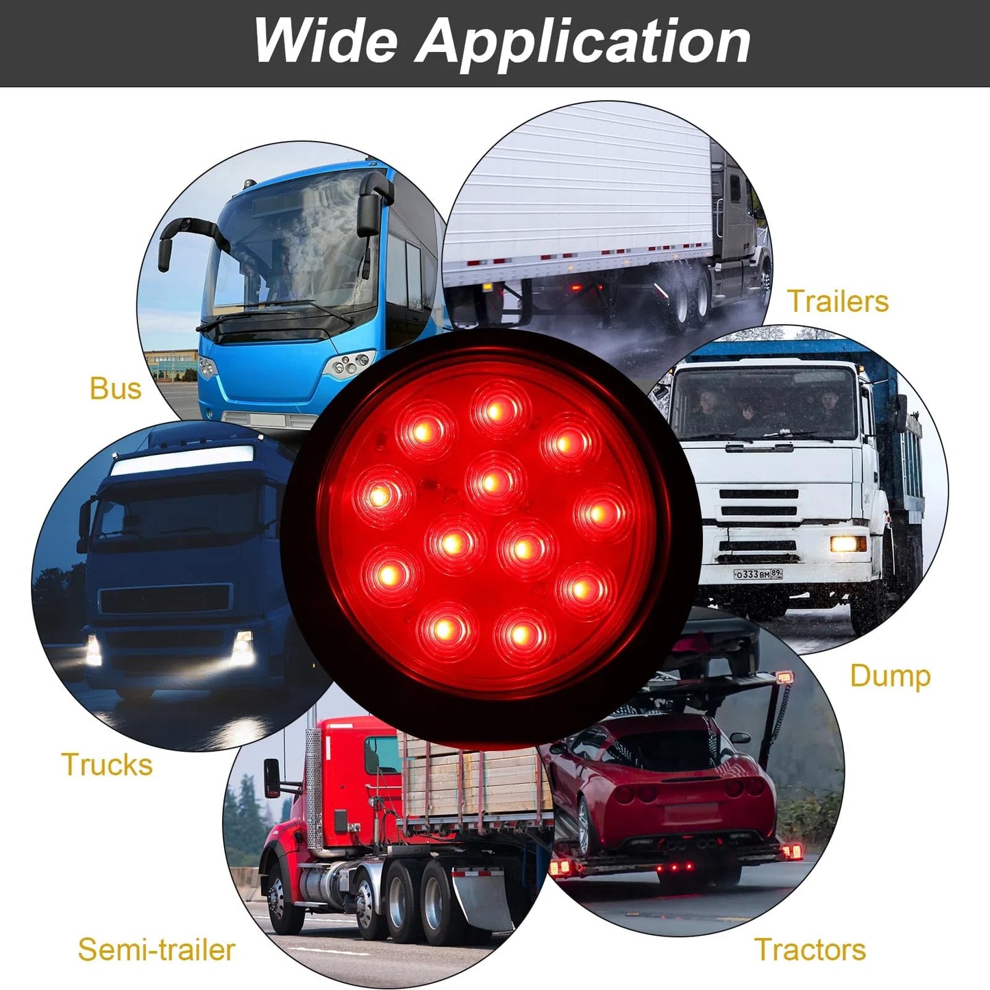 BBTO 12 Pcs 4 Inch Round LED Trailer Tail Lights, Waterproof Brake Stop Turn Marker Lights, Plastic, Red