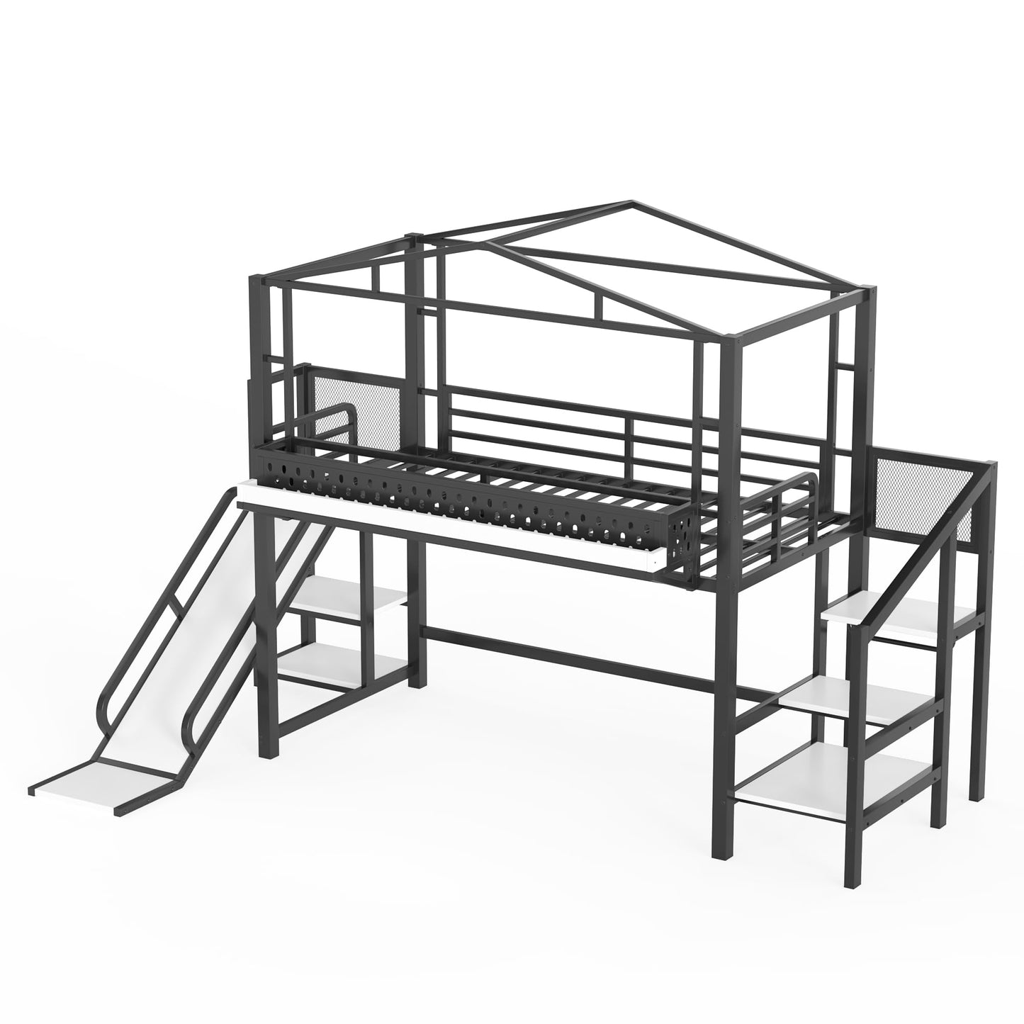 Twin Size Loft Bed with Storage Stairs, Shelves, Bedside Shelf and Wardrobe, Twin Loft Bed with Slide, Charging Station(USB Port, Outlets) and LED Light, House Loft Beds Frame for Girls, Boys, Black