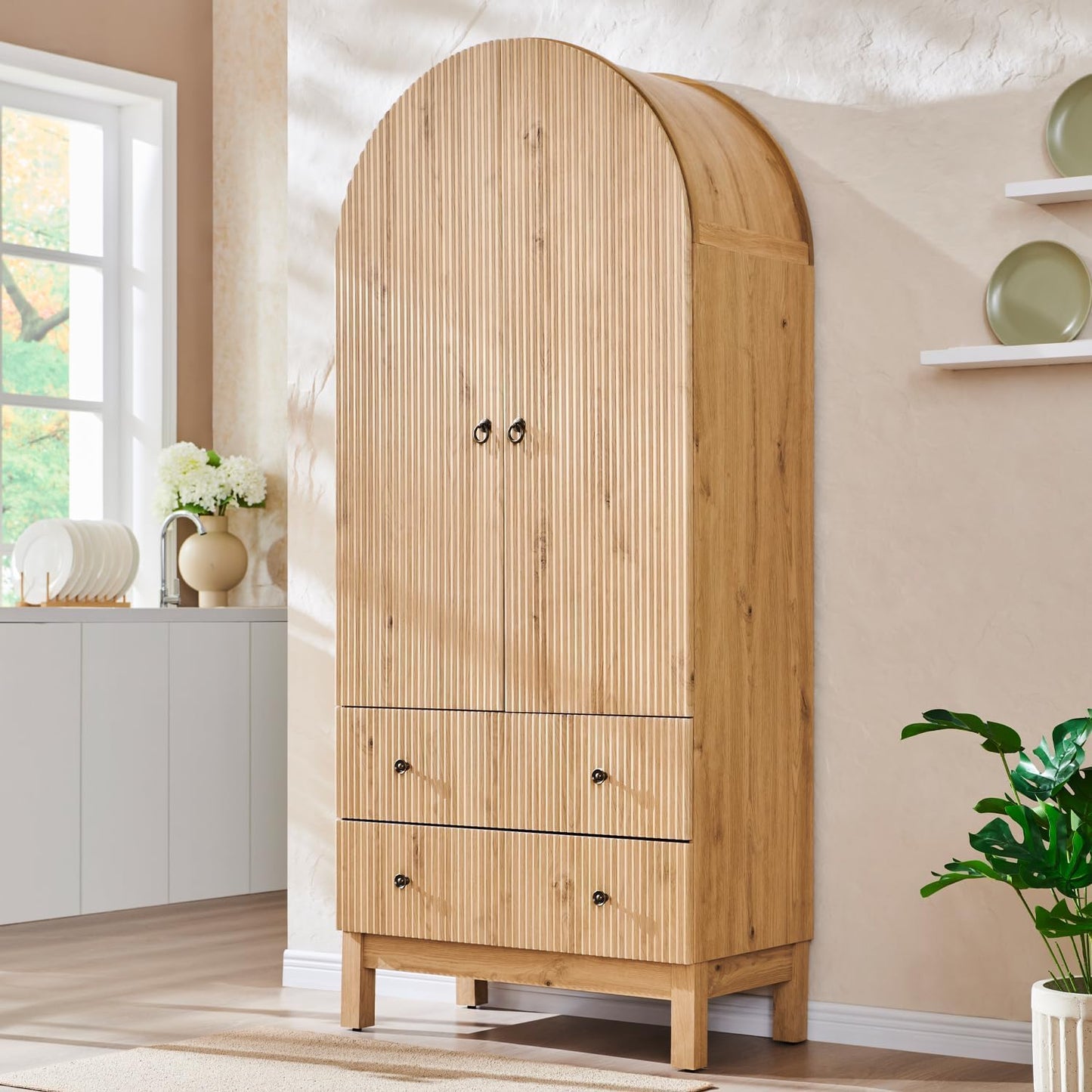 IFGET Fluted Arched Pantry Cabinet, 71" Tall Kitchen Storage Pantry Cabinet with Adjustable Shelves and 2 Large Drawers, Freestanding Morden Versatile Cupboard for Living Room, Bathroom, Natrual