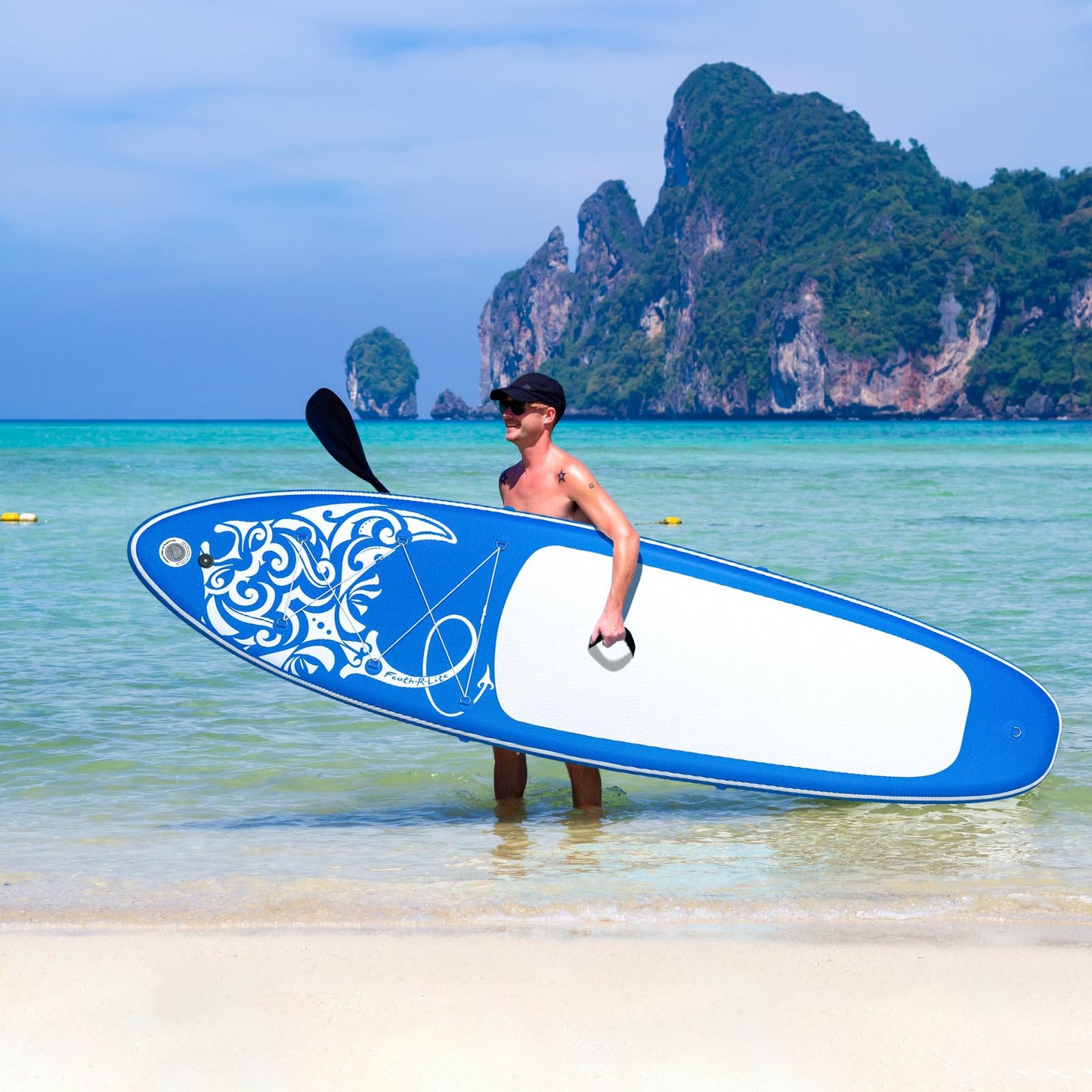FEATH-R-LITE Inflatable Paddle Board Stand Up Paddleboards for Adults SUP with Premium Accessories Pump, Adjustable Paddle, Leash, Three Fins, Backpack (Dark Blue)