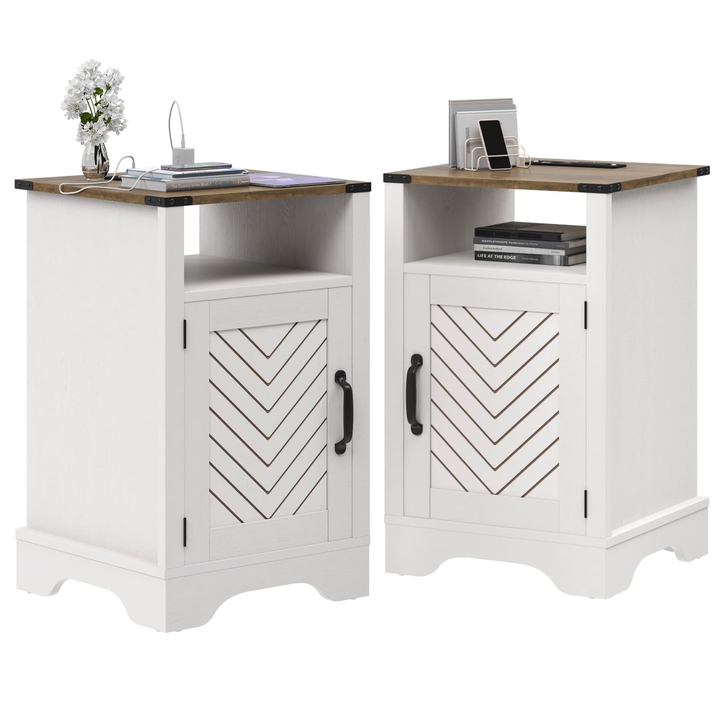 FansaFurn Farmhouse End Table with Charging Station Set of 2, Rustic Night Stand with Storage Cabinet and Shelf, Tall Wooden Bedside Table for Bedroom, Living Room, Rustic Oak and White