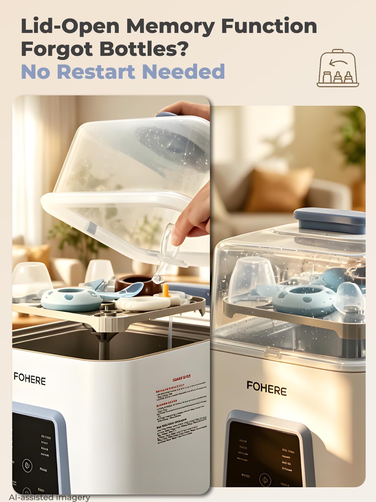 FOHERE All-in-One Baby Bottle Washer and Dryer, Automatic Bottle Cleaner Machine for Breast Pump Parts, Nipples, Newborn Essentials, High-Temp Steam & Deep Clean, 60 Detergent Tablets Included