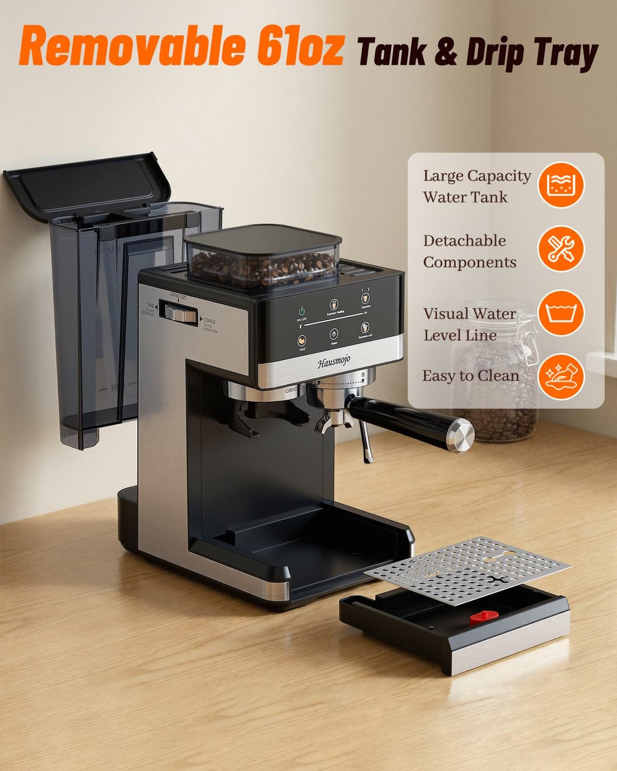 Hausmojo Espresso Machine with Grinder & Milk Frother, 20 Bar