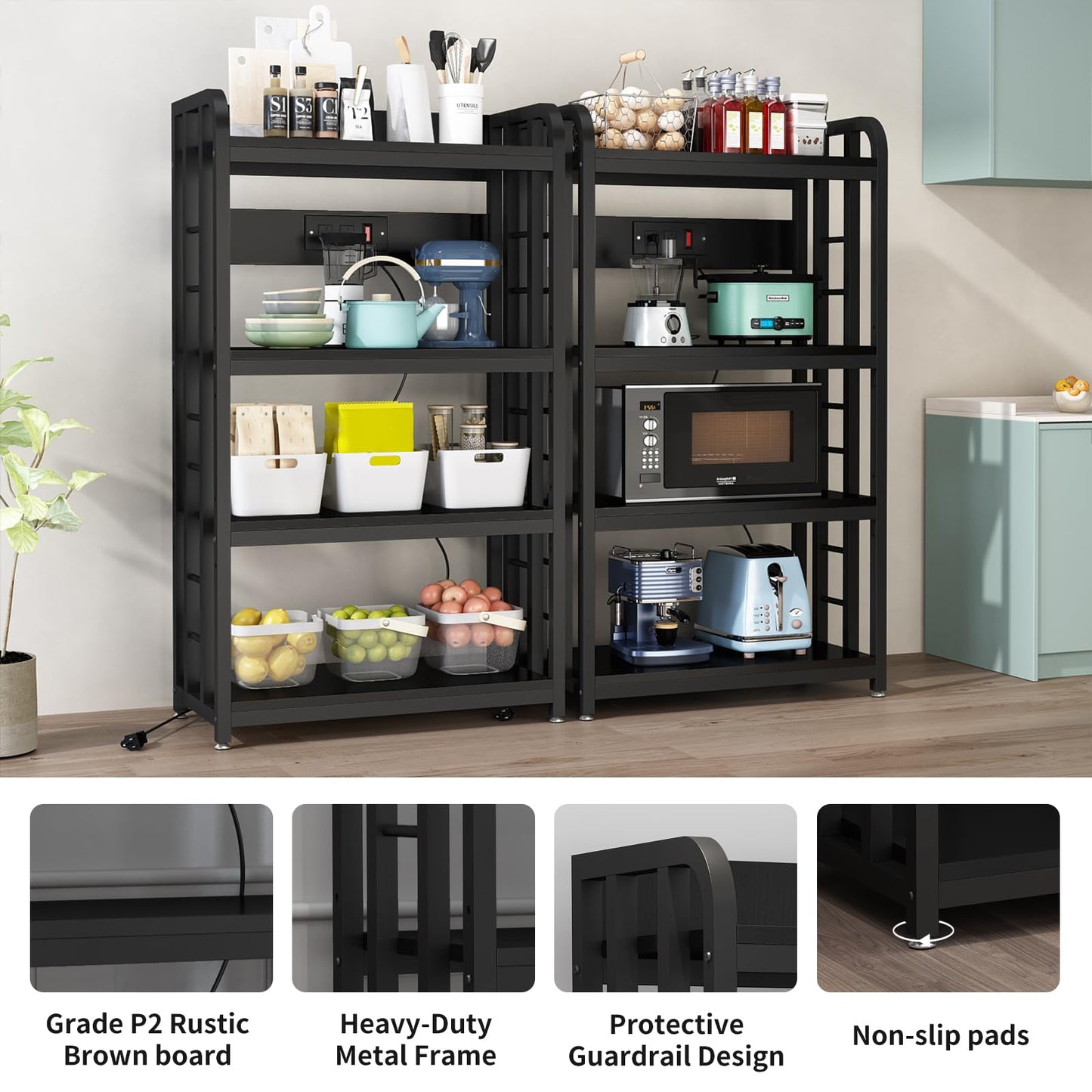 Bakers Rack with Power Outlet ,Microwave Stand 4-Tier Kitchen Baker's Rack, Free Standing Baker's Rack Kitchen Stands with Storage Suitable for Kitchen, Living Room, Dinning Room,Coffee Bar (Black)