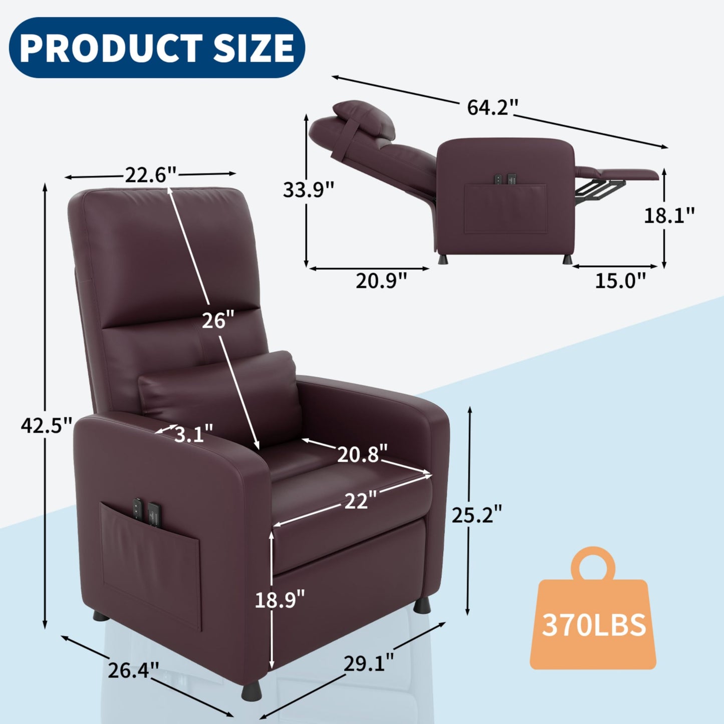 GarveeHome Power Recliner Chair - Heat and Massage, Adjustable Electric Recliner Ergonomic PU Leather Single Sofa, Tall Back, Padded Seat, Home Theater Seating for Living Room