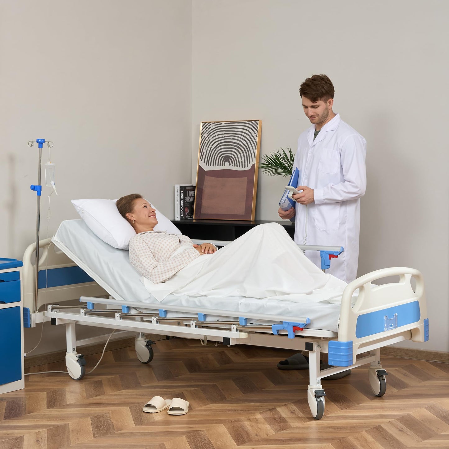 ELENKER Full Electric Hospital Bed for Home Use, ICU Medical Bed, Premium 2 Function Hospital ICU Bed with Remote Control, Quiet Wheels, IV Pole, Mattress, 5-Inch Lockable Casters