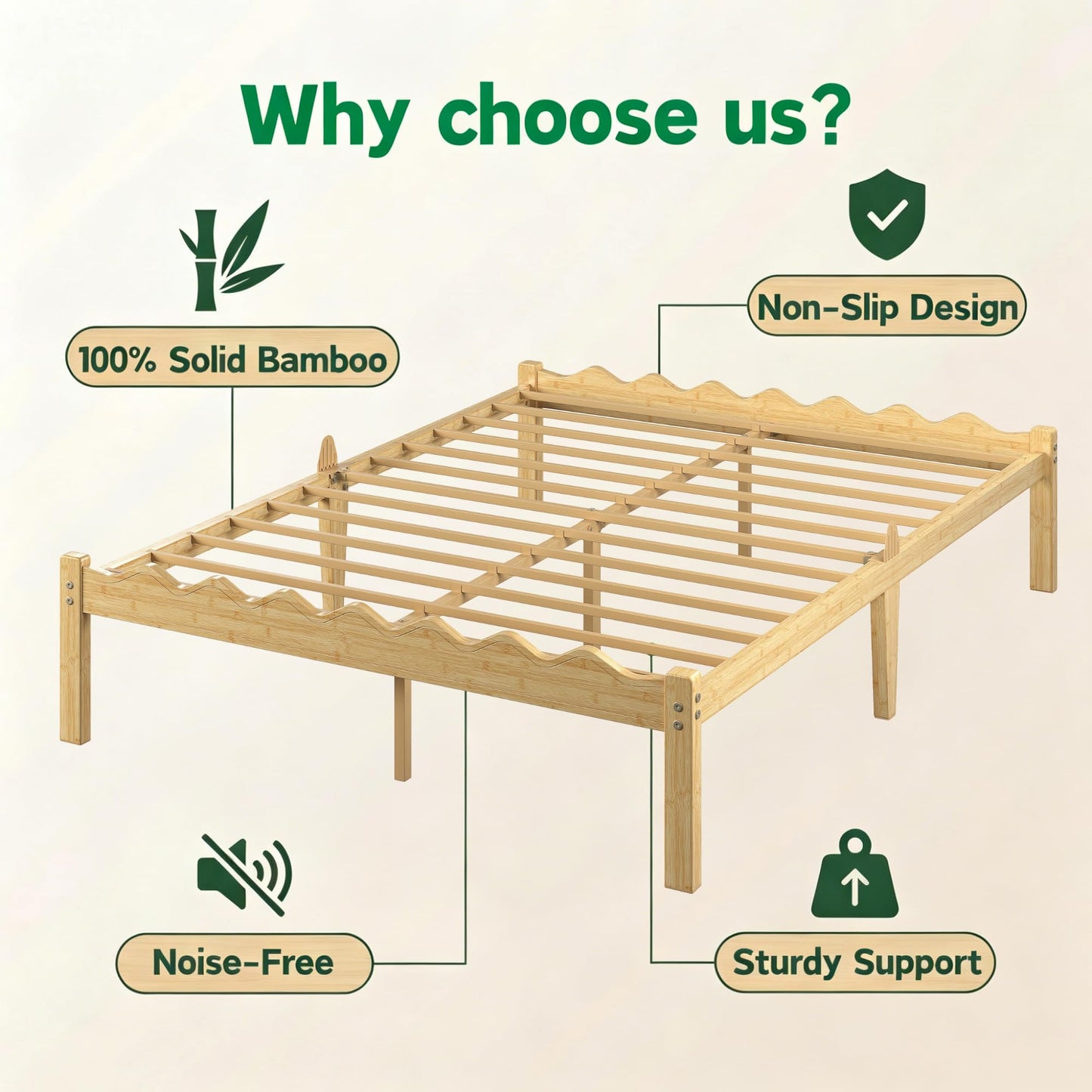 Askeld 14 Inch Solid Wood Queen Size Platform Bed Frame, Heavy Duty Farmhouse Style Bamboo Queen Bed Frame No Box Spring Needed, Noise-Free, Easy Assembly