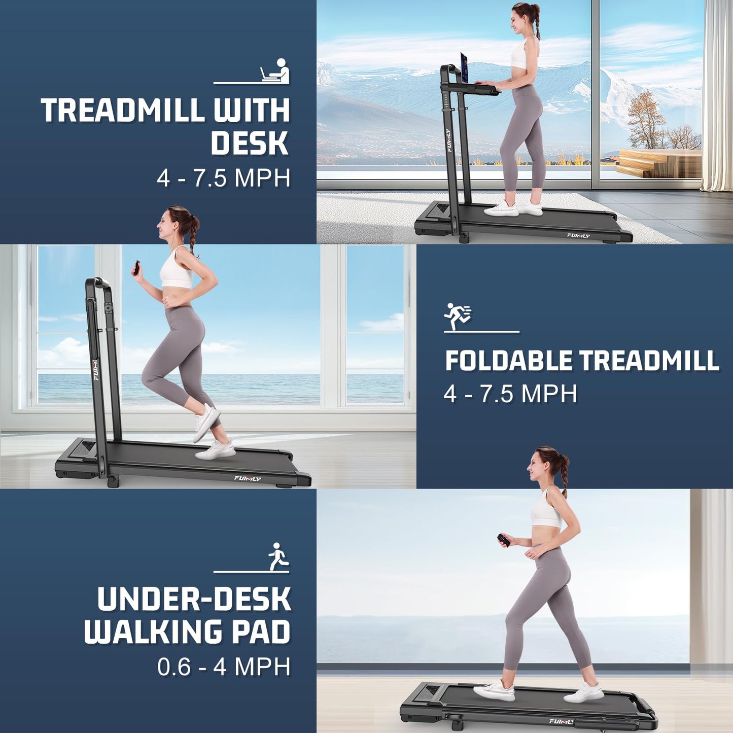 Walking Pad Treadmill with Removable Desk Workstation, 15% Incline Treadmill with Handle Bar, Foldable Treadmills Under Desk, Adjustable Height, 400 lbs+ Capacity, Walking or Running for Home Office