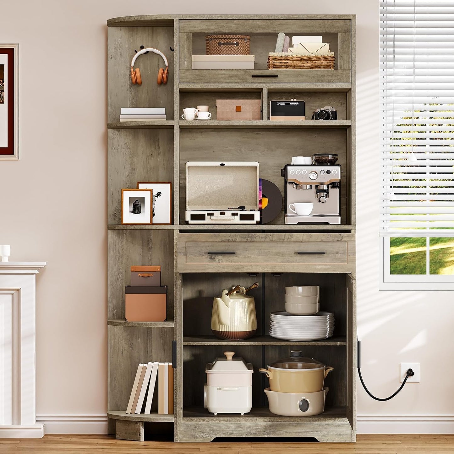 YITAHOME Kitchen Pantry Storage Cabinet, 67" Tall Kitchen Hutch with Outlet & Door & Shelves & Drawer, Farmhouse Wooden Microwave Stand Buffet Coffee Bar for Home Living Dining Room, Antique Gray